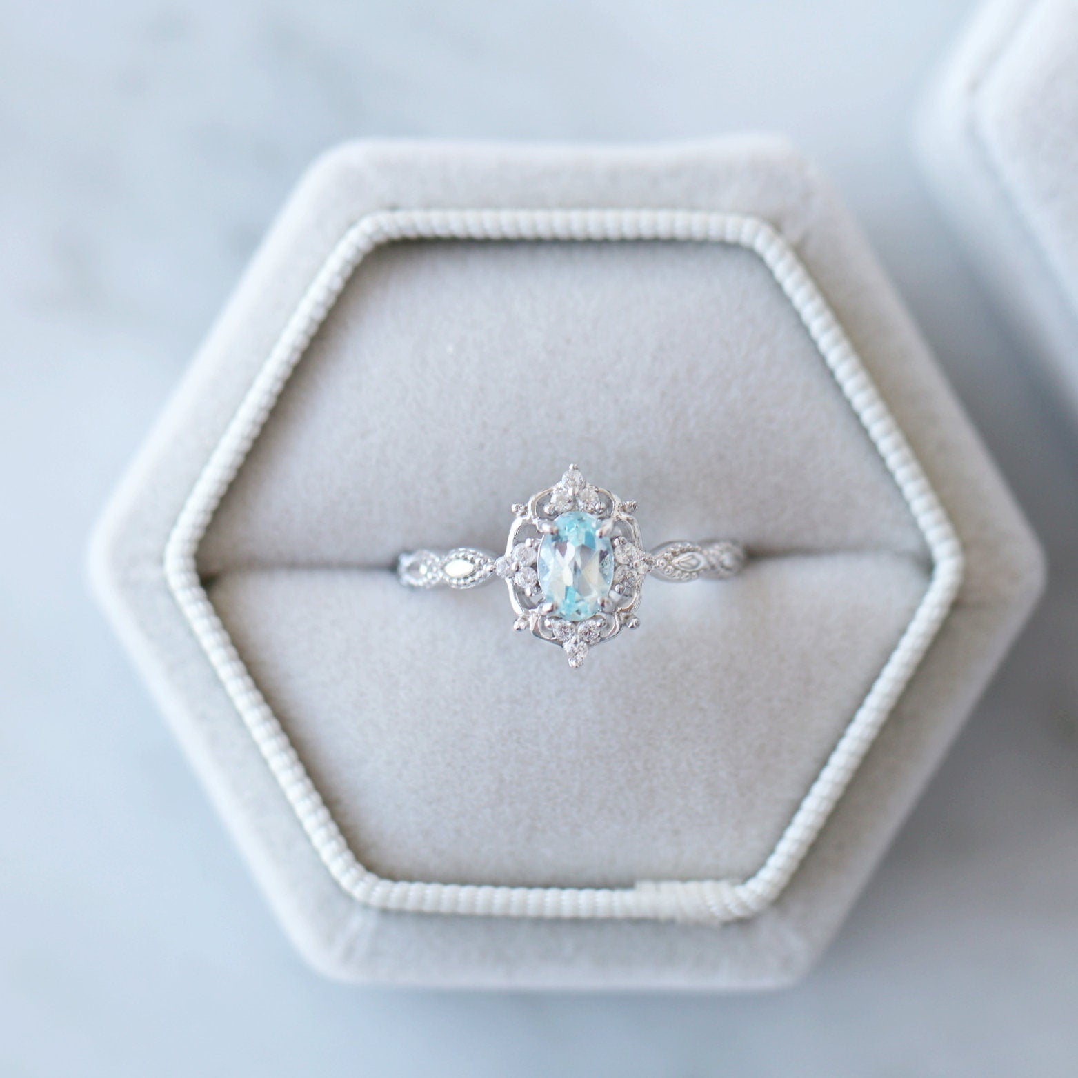 Vintage Aquamarine Ring 14K White Gold - Elegant Handmade Jewelry for Women, Perfect for Weddings, Anniversaries & Special Occasions