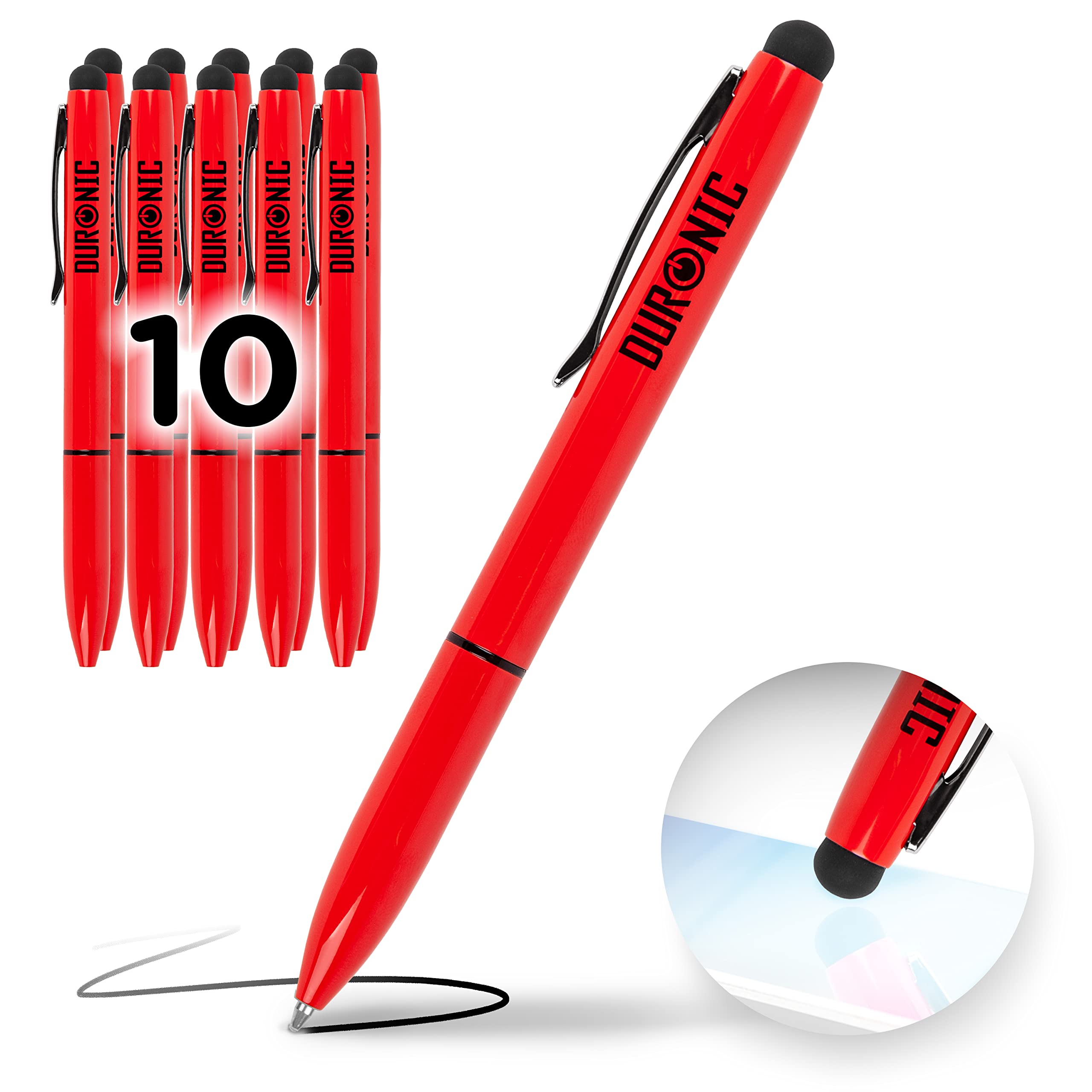 Duronic Stylus Pen IS10RD [Red] - 10-Pack Refillable Ballpoint & Rubber Stylus 2-in-1 Touch Screen Pen for iPad, Tablet, Surface, Laptop, Kindle - Perfect for Note-Taking, Drawing & Digital Signatures