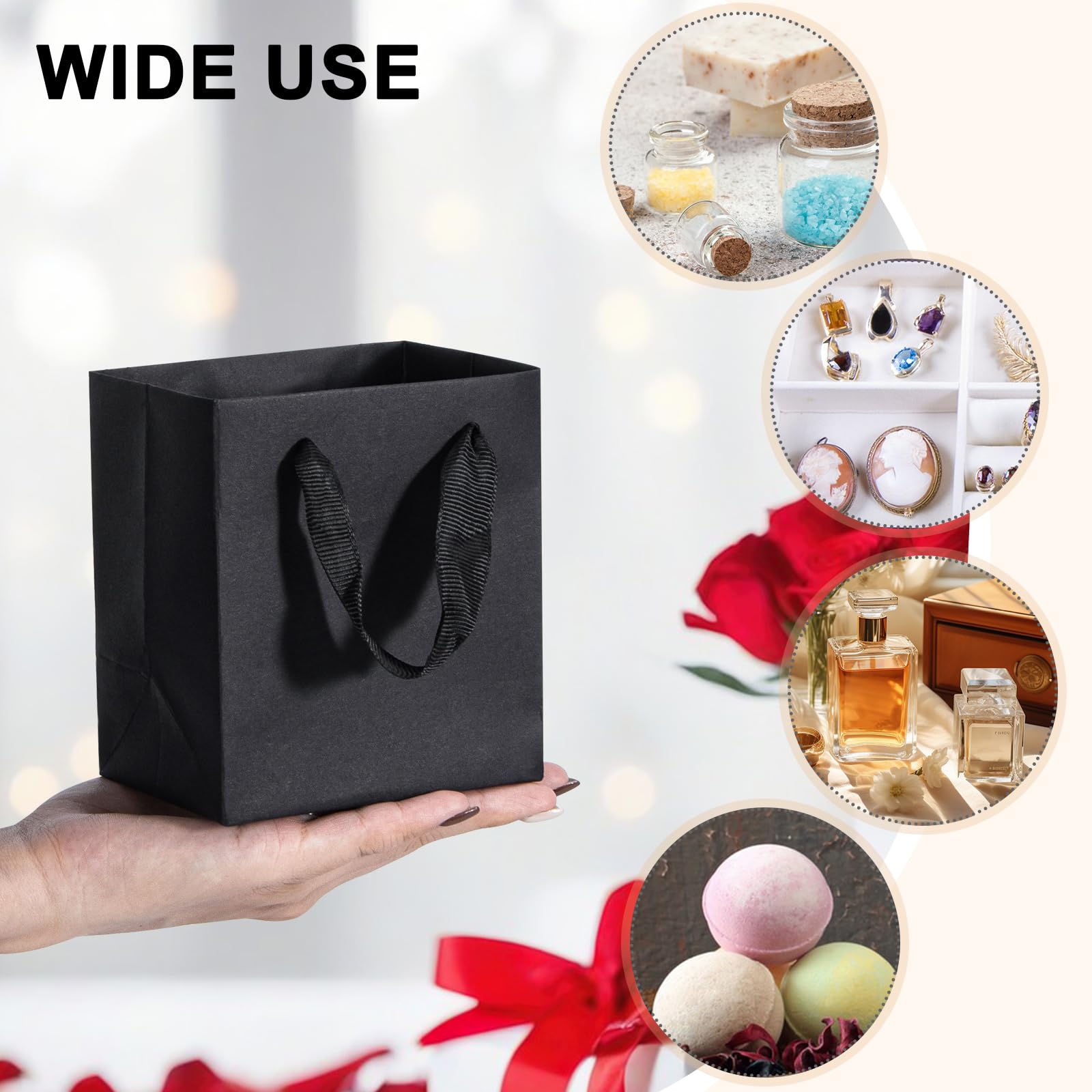Katfort 50 Pack Mini Kraft Paper Gift Bags 4x2.75x4.5 Inches with Cotton Handle - Matte Black Small Gift Bags Bulk for Holiday Shopping, Wedding Favors, Birthday Party, Baby Shower & Christmas Gifts | Perfect for Candy, Jewelry, Cosmetics & Small Gift Packaging