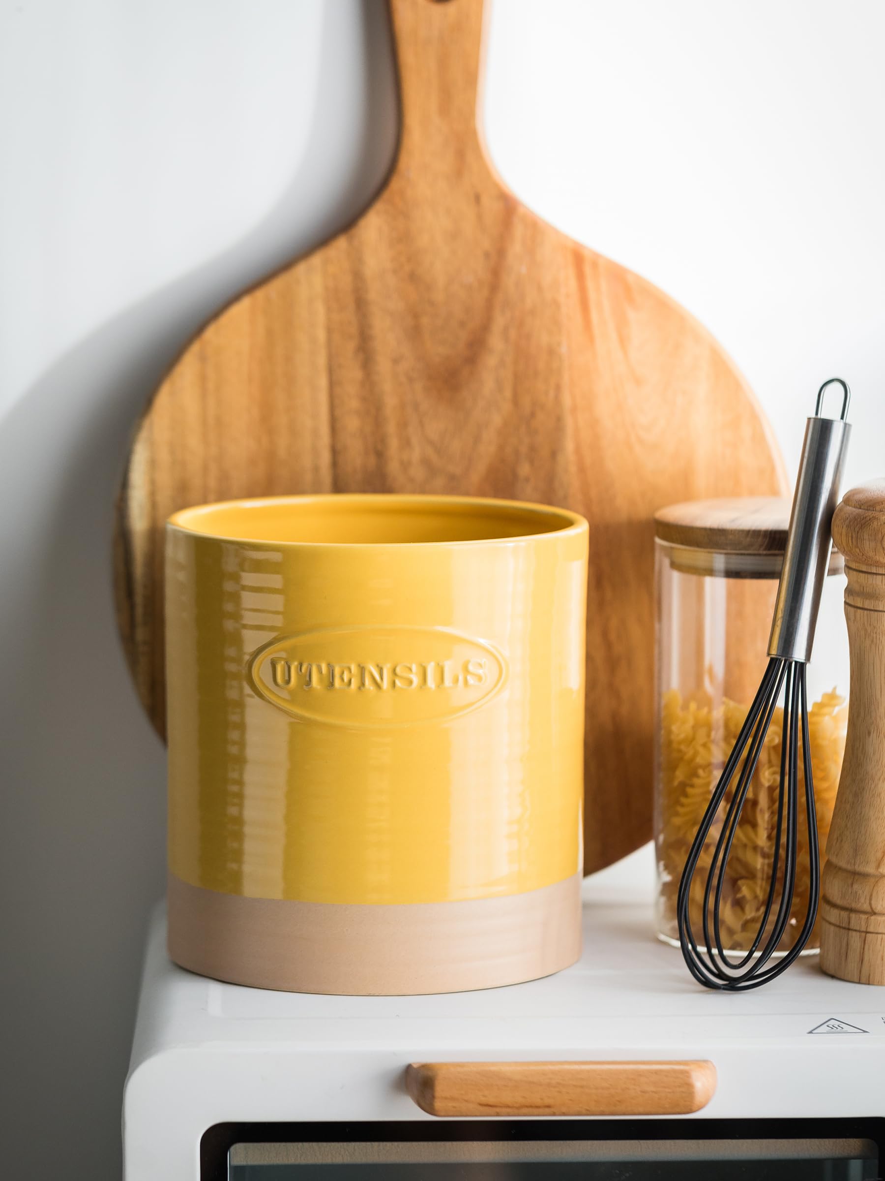Premium Ceramic Kitchen Utensil Holder - Large Oval Countertop Organizer for Cooking Tools (Yellow) | Perfect for Storing Spoons, Spatulas & Utensils by Stove or Sink