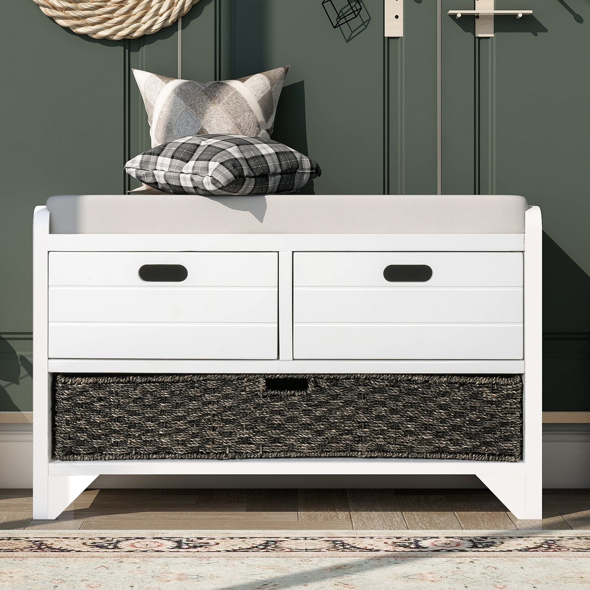 P PURLOVE Fully Assembled Wooden Storage Bench with 2 Removable Baskets & Drawer - Entryway Shoe Bench with Cushion for Hallway, Living Room, Bedroom - Perfect for Home Organization & Decor