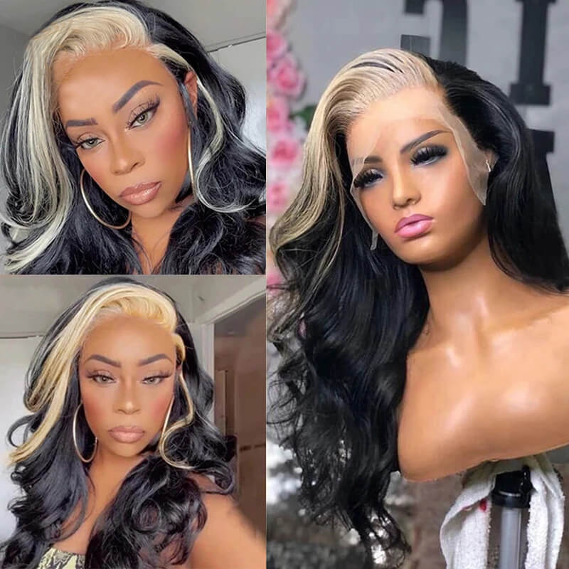 Eullair 13x4 Body Wave Lace Front Wig - Colored Blonde Skunk Stripe Human Hair Wig for Women | Perfect for Cosplay, Halloween, and Daily Fashion Styling