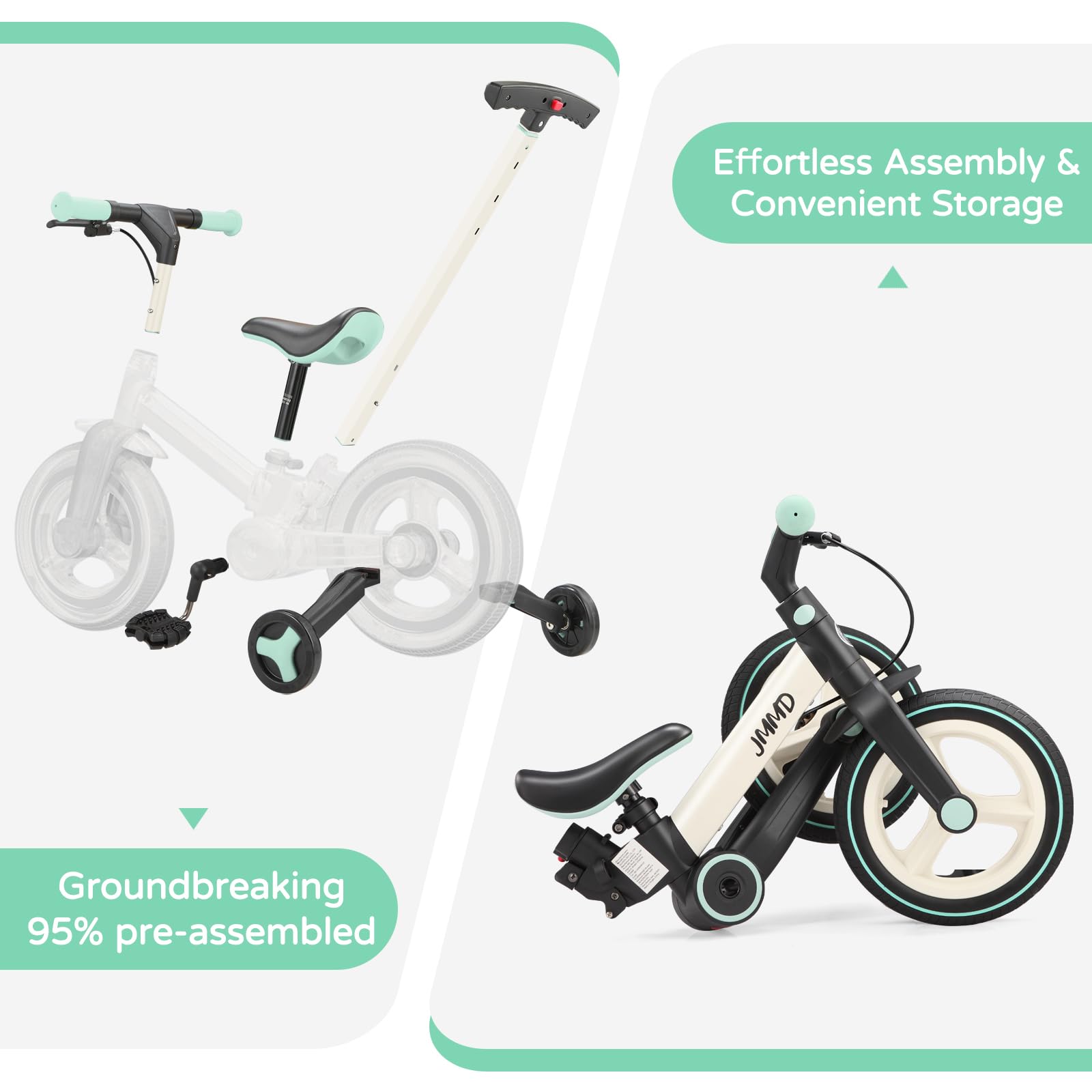JMMD 6-in-1 Foldable Toddler Bike with Push Handle, Training Wheels & Pedals - Adjustable Balance Bike for Kids 18-60 Months - Perfect First Bike Gift for Boys & Girls - Ideal for Backyard Riding, Park Adventures & Learning to Cycle