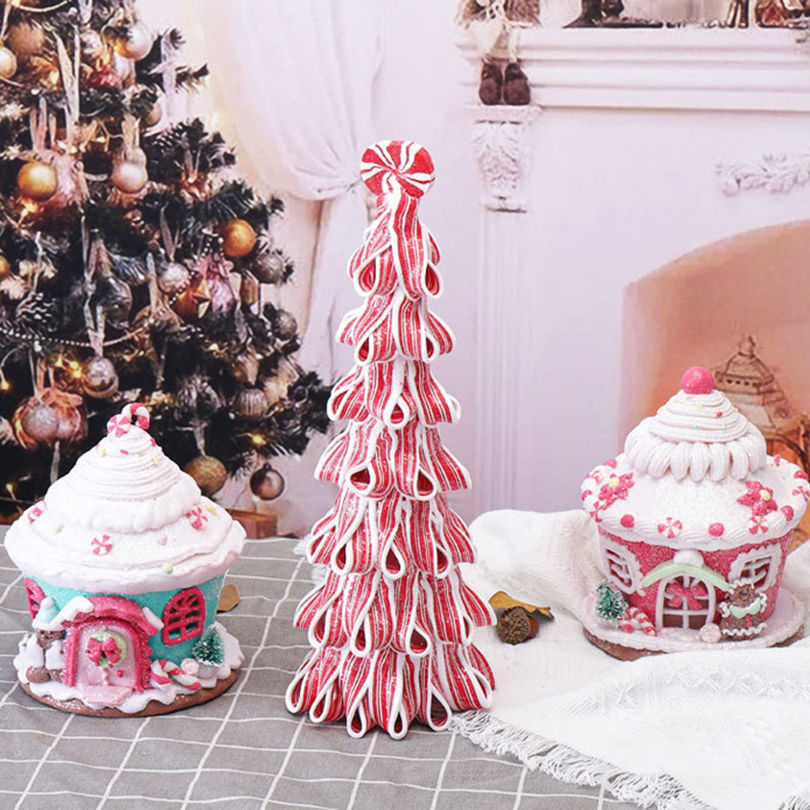 LED Lighted Christmas Gingerbread House Ornaments - Pink Candy House Decor with Lights for Holiday Tree, Mantel & Tabletop - Festive Indoor Room Decoration for Xmas Party & Home Décor