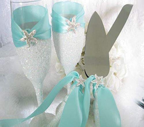 Elegant Wedding Champagne Flutes Set - 2 Crystal Toasting Glasses & 2 Cake Knives (4-Piece) - Perfect for Bridal Showers, Beach Weddings & Anniversary Gifts - White Bridal Party Accessories for Romantic Celebrations