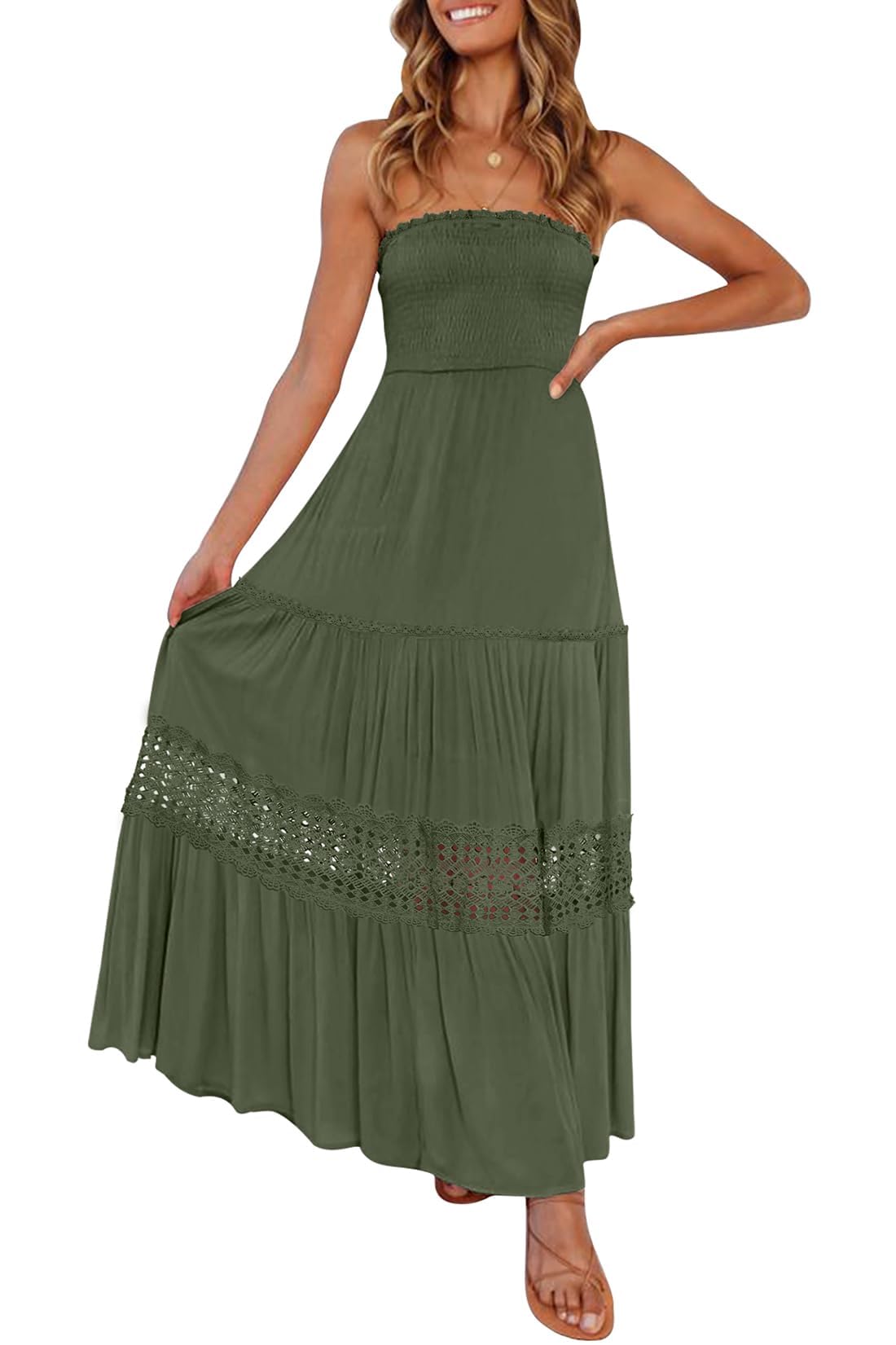 ZESICA Women's 2025 Summer Bohemian Strapless Off Shoulder Lace Trim Backless Flowy A-Line Long Maxi Dress for Beach Vacation, Wedding Guest, and Outdoor Party