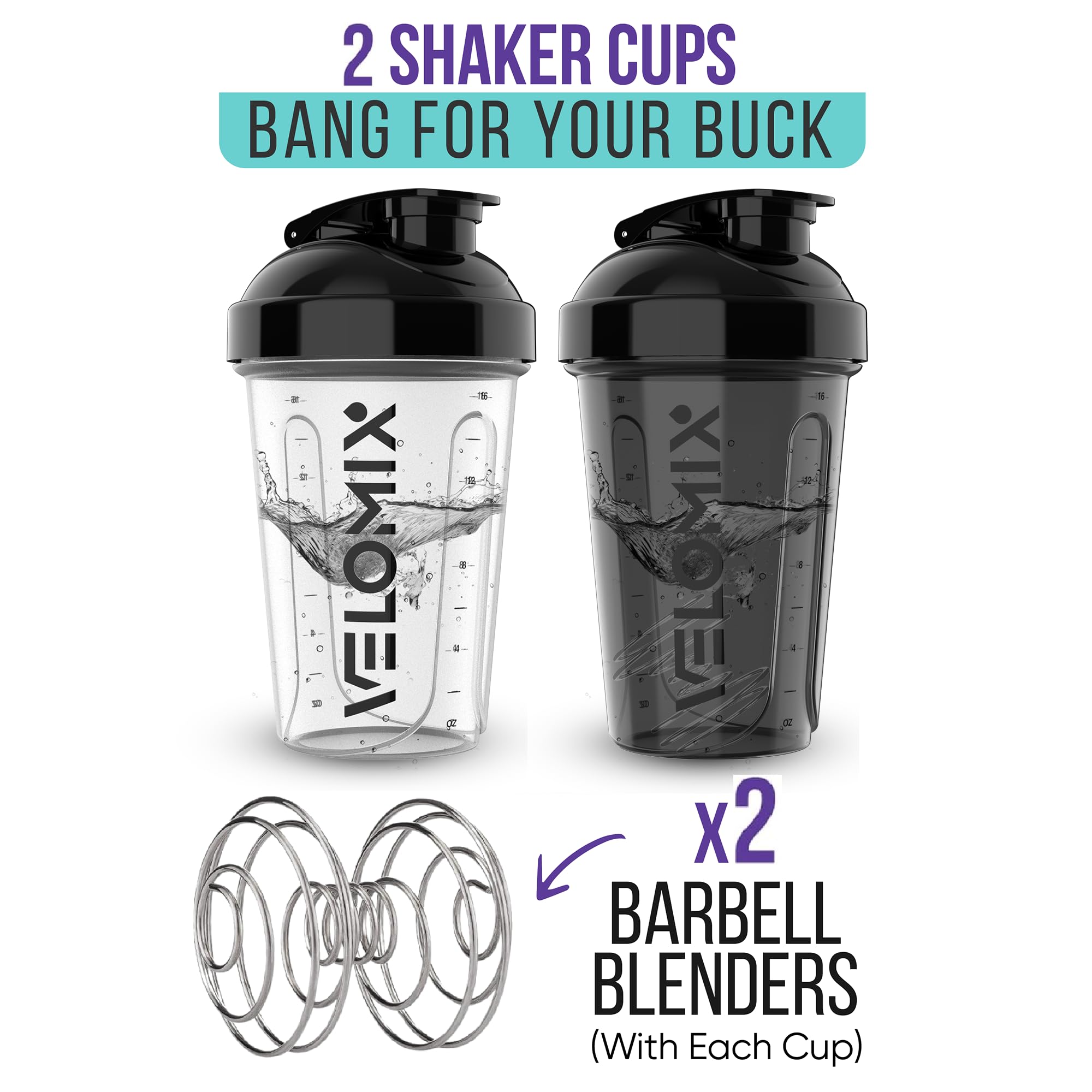 2 Pack 20 oz Protein Shaker Bottles with Wire Whisk - Leak Proof Mixing Cups for Protein Powder, Pre Workout & Smoothies - Perfect for Gym, Fitness & Post Workout Recovery