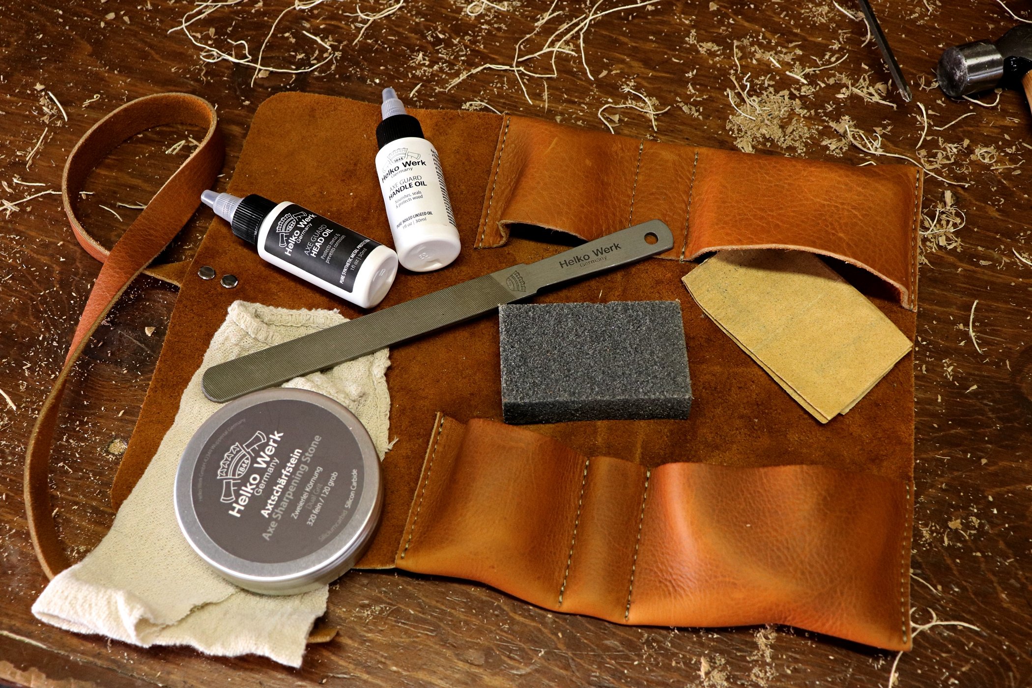 1844 Helko Werk Germany Premium Axe Care & Maintenance Kit - Includes Sharpening Stone, File, Handle Oil, Head Oil, Blade Cleaner, Sandpaper & Wedges - Wood Chopping & Camping Axe Maintenance Tools