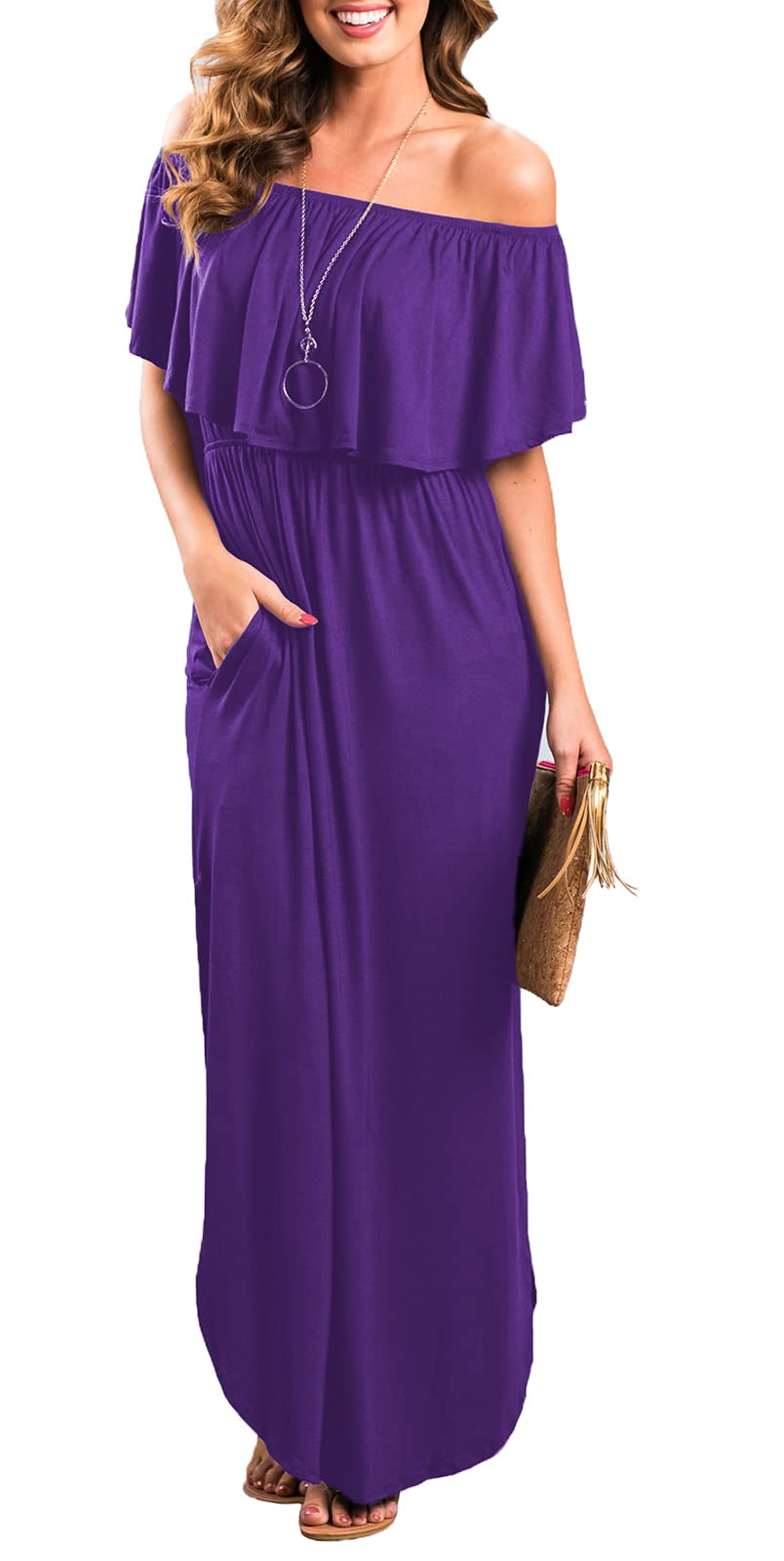 Women's Off The Shoulder Ruffle Party Dress with Side Slit - Flowy Beach Maxi Dress for Summer Vacations, Weddings & Date Nights