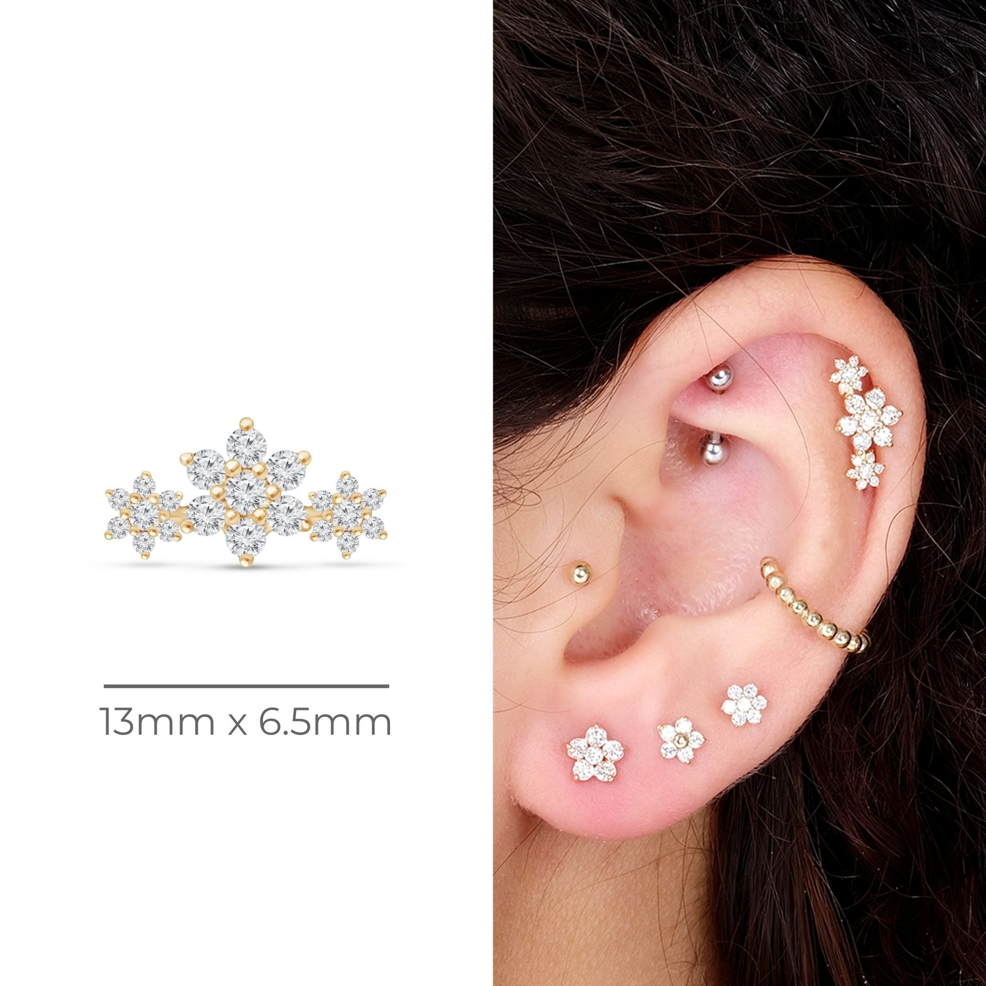 14K Yellow Gold Diamond Three Flower Garland Flat Back Stud Earrings - Elegant Floral Jewelry for Women, Perfect for Weddings, Parties & Everyday Wear