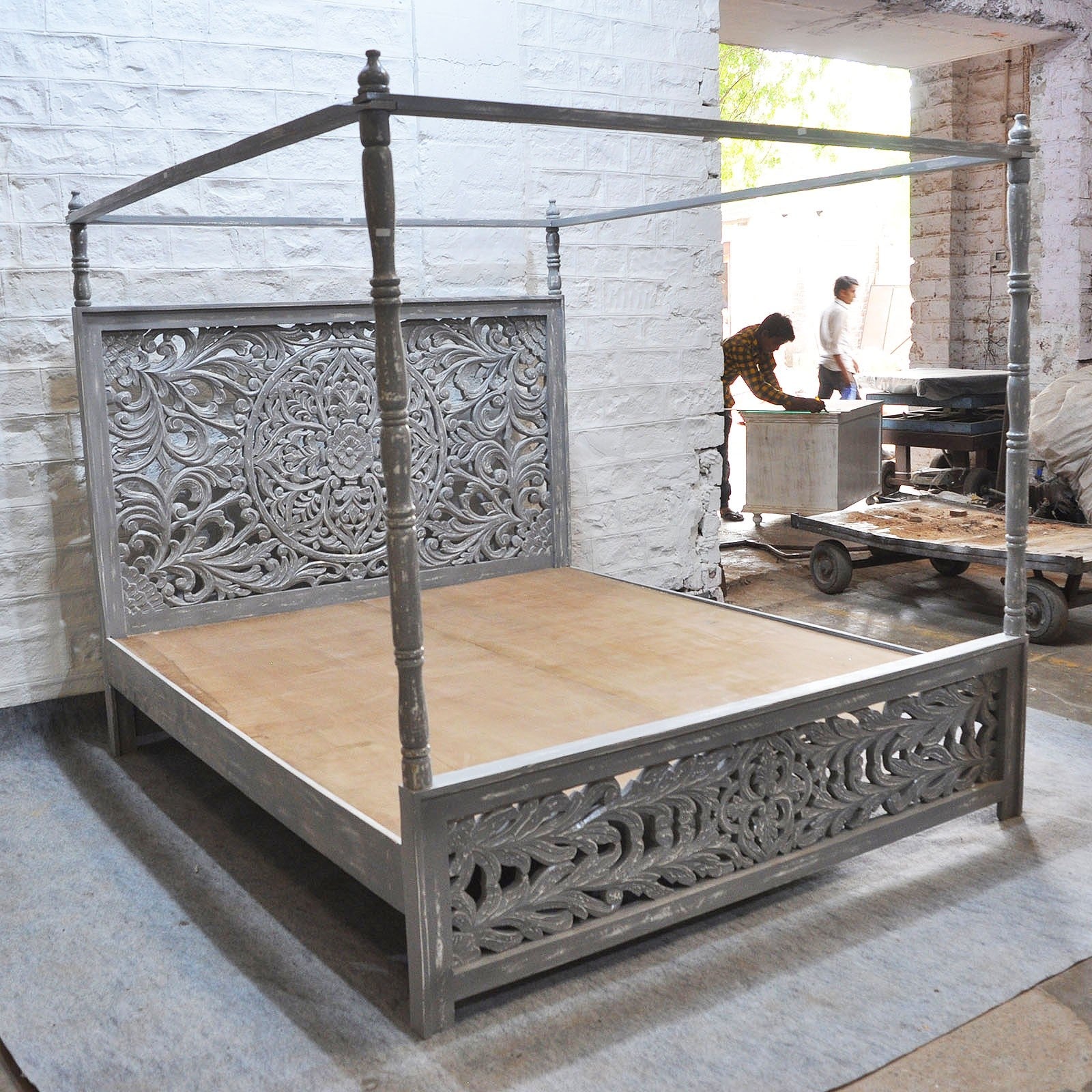 Hand Carved Indian Wooden 4 Poster Bed Frame - Grey Finish | Solid Wood King Size Bed with Canopy | Perfect for Master Bedroom, Boho Chic Decor & Luxury Bedroom Design