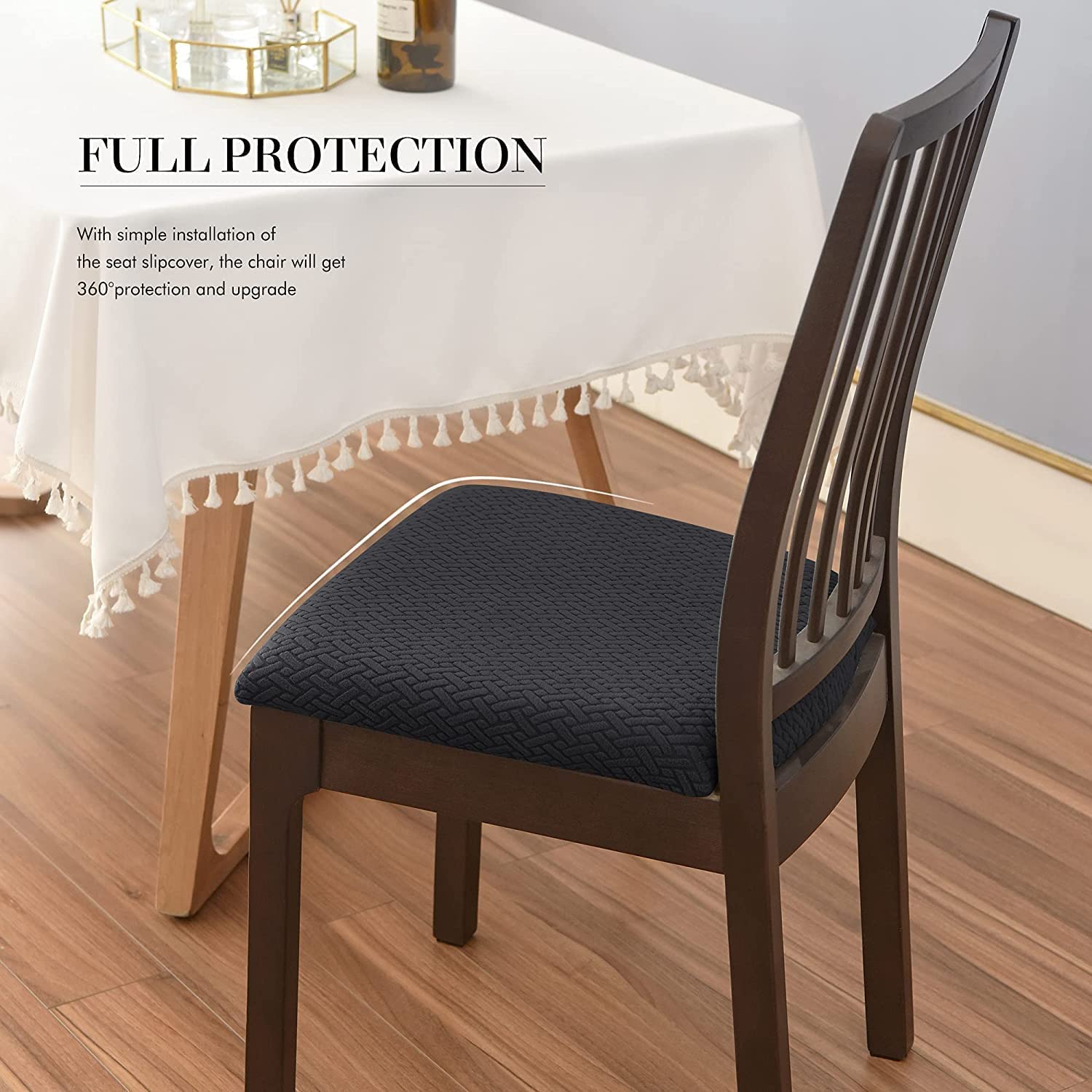 Stretchable Dining Chair Slipcover - Soft Washable Seat Cushion Cover with Geometric Jacquard Pattern & Elastic Ties - Perfect for Dining Room, Kitchen, Office & Home Decor