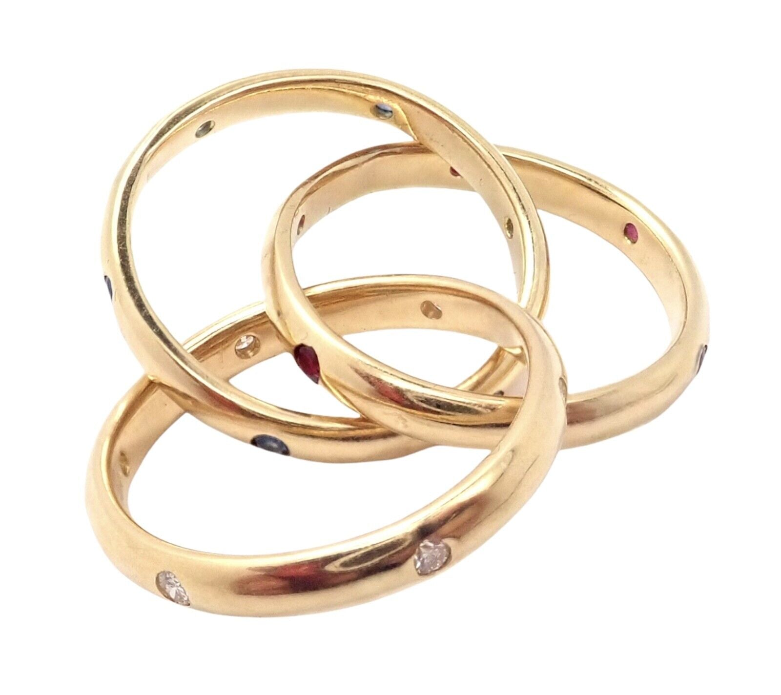 Authentic Cartier 18k Yellow Gold Ruby Sapphire Diamond Trinity Band Ring Vintage 1995 - Luxury Jewelry for Anniversary, Wedding & Special Occasions