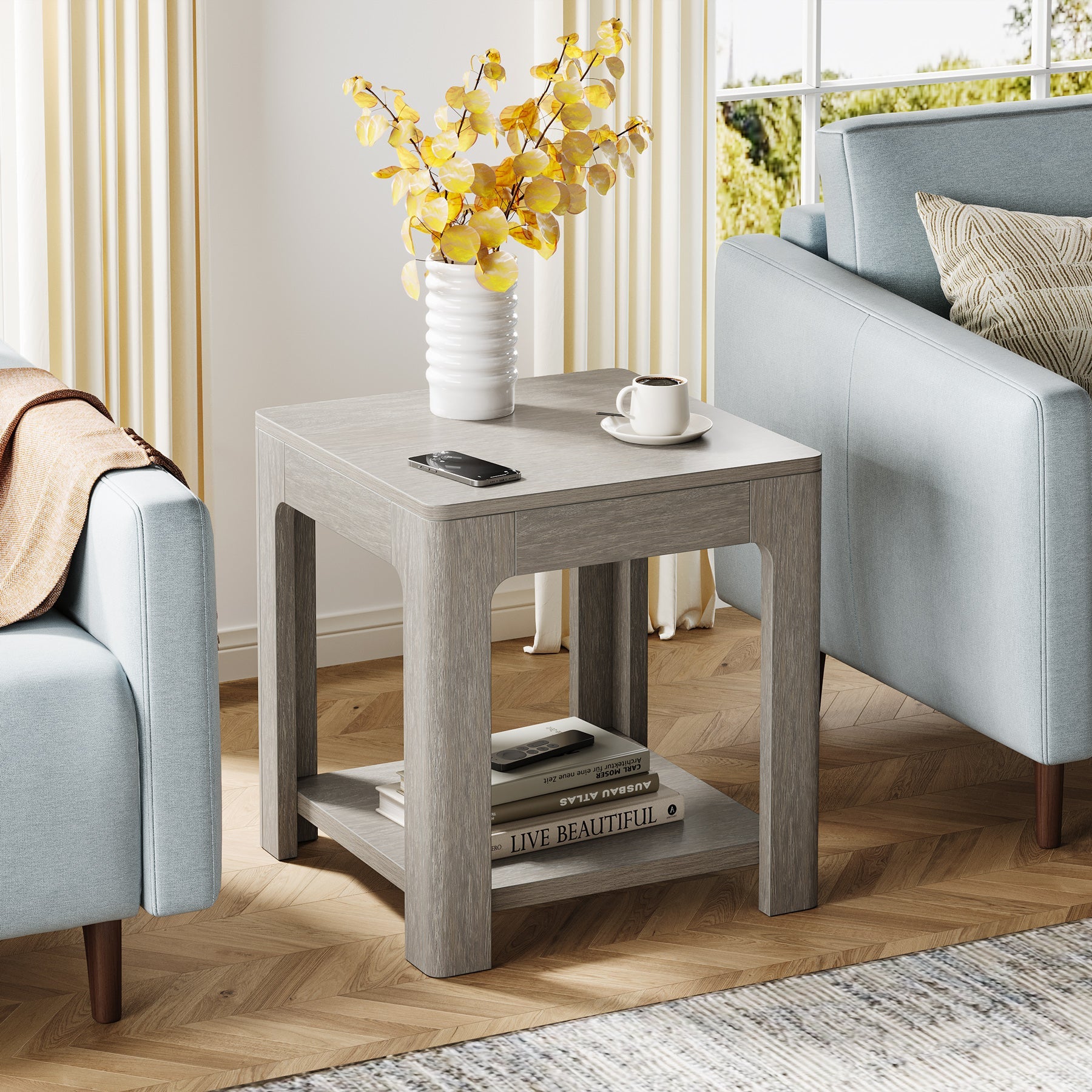 21.6 Inch 2-Tier Square End Table with Storage Shelf - Modern Nightstand for Bedroom, Living Room & Office - Perfect for Small Spaces, Storage & Decor