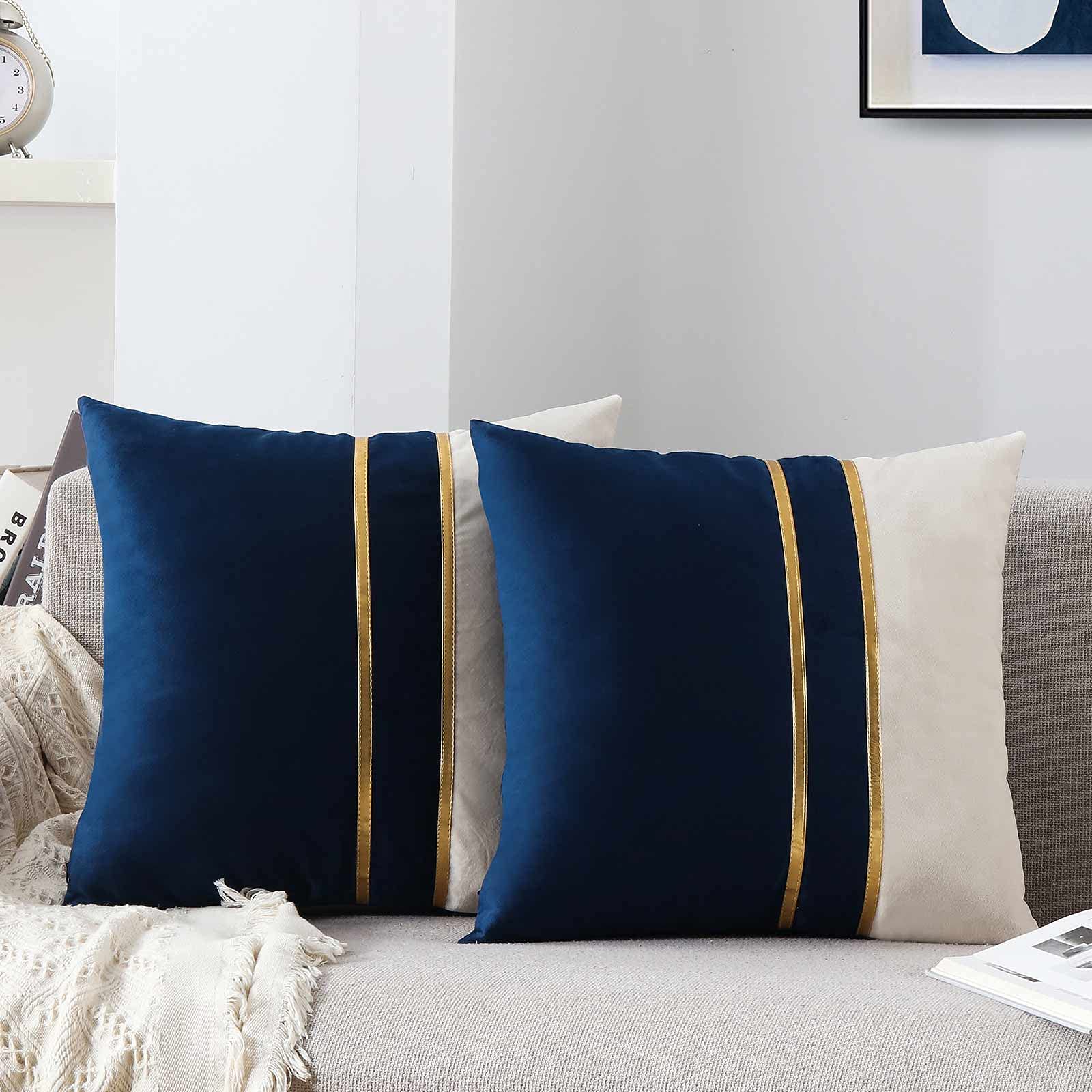 WACOMECO Velvet Throw Pillow Covers 20x20 Inches - Soft Decorative Cushion Covers with Gold Leather Trim for Sofa, Bed, Living Room & Car - Navy and White Luxury Home Decor for Cozy Comfort