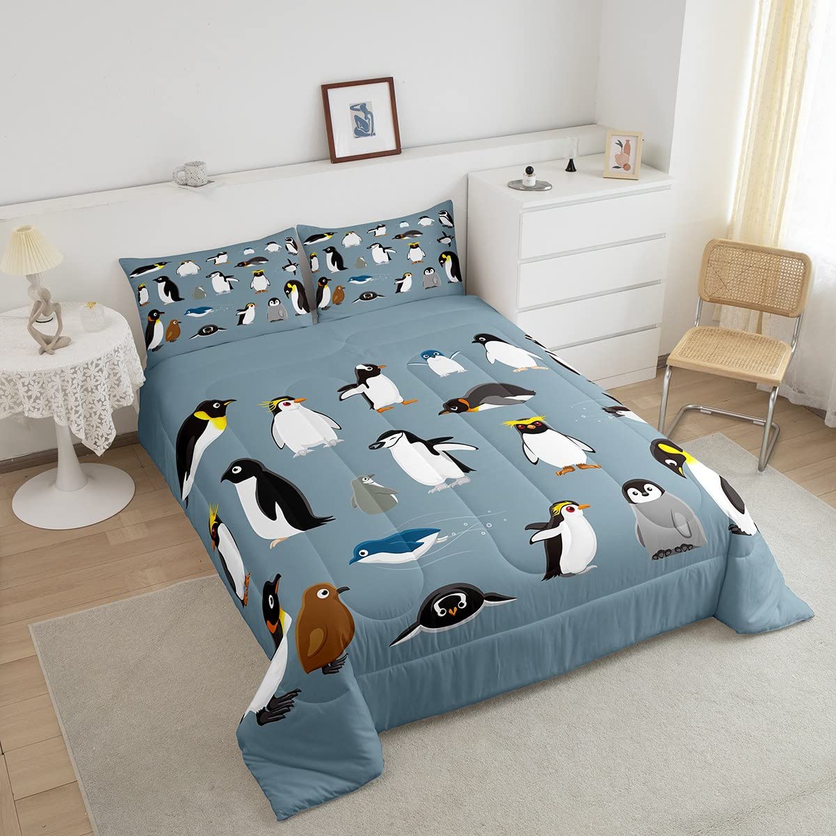 Erosebridal Antarctica Penguins Bedding Set for Boys & Kids - Full Size Wildlife Animal Comforter Set with Cartoon Little Penguins, Cute Wild Safari Theme Quilted Duvet Cover - Perfect for Kids' Bedroom Decor & Wildlife Themed Nursery