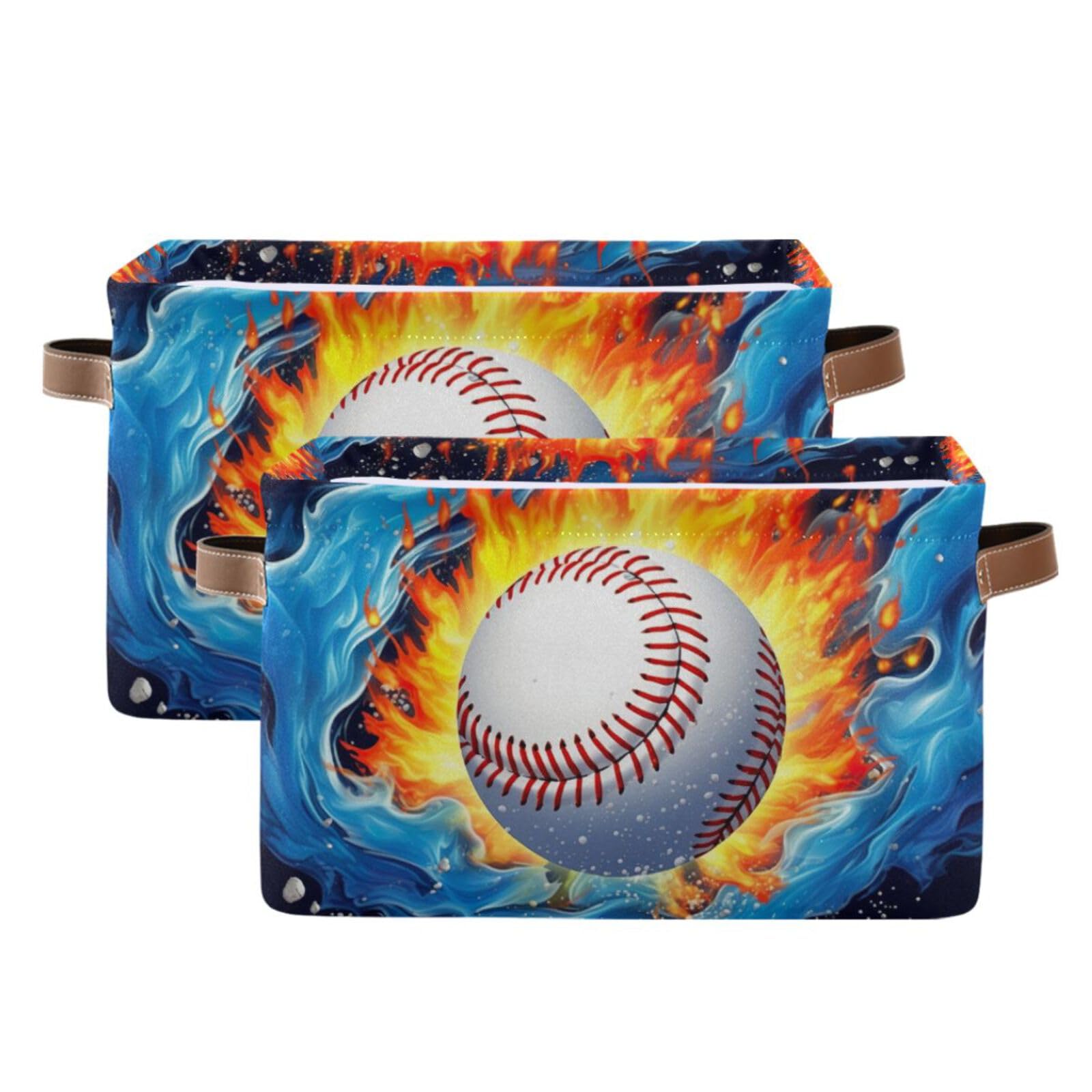2-Pack Large Foldable Storage Baskets - Collapsible Organizer Bin Cube for Home, Office, Closet & Toy Organization | Baseball on Fire Design | Space-Saving Storage Solution