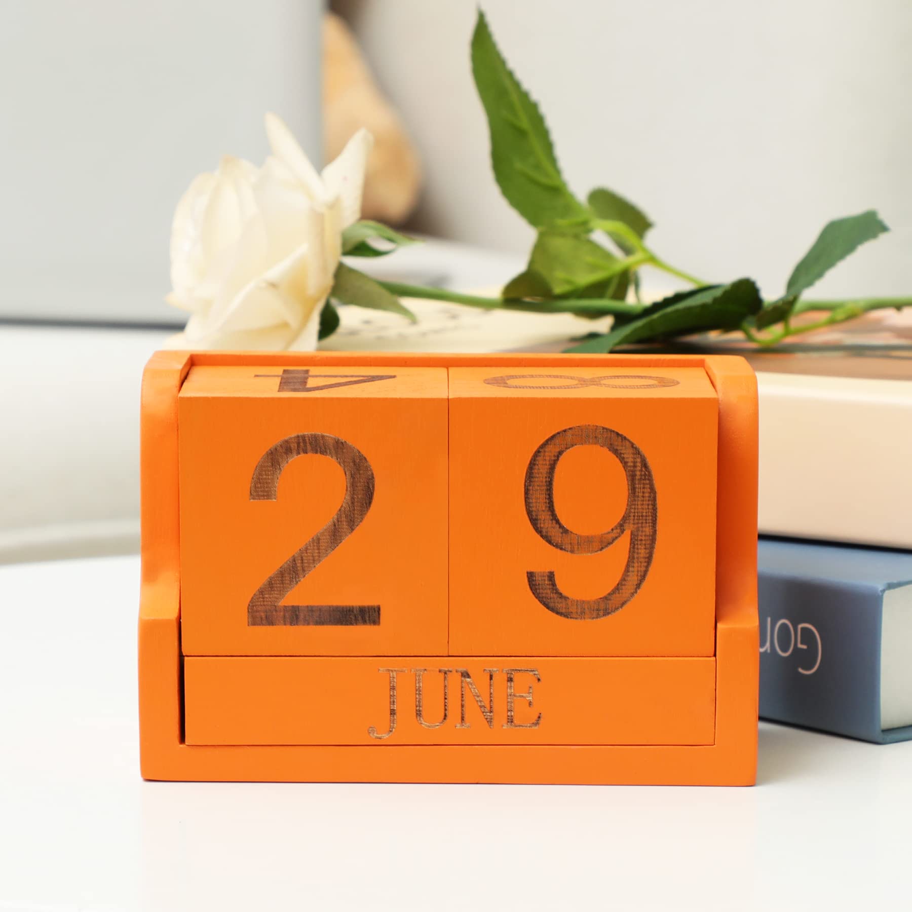 Wooden Perpetual Desk Calendar Block - Rustic Office Date Display with Month Number Cubes, Small Home & Desk Decor Accessories (Bright Orange) | Perfect for Office Organization, Gift Giving & Stylish Desktop Decoration