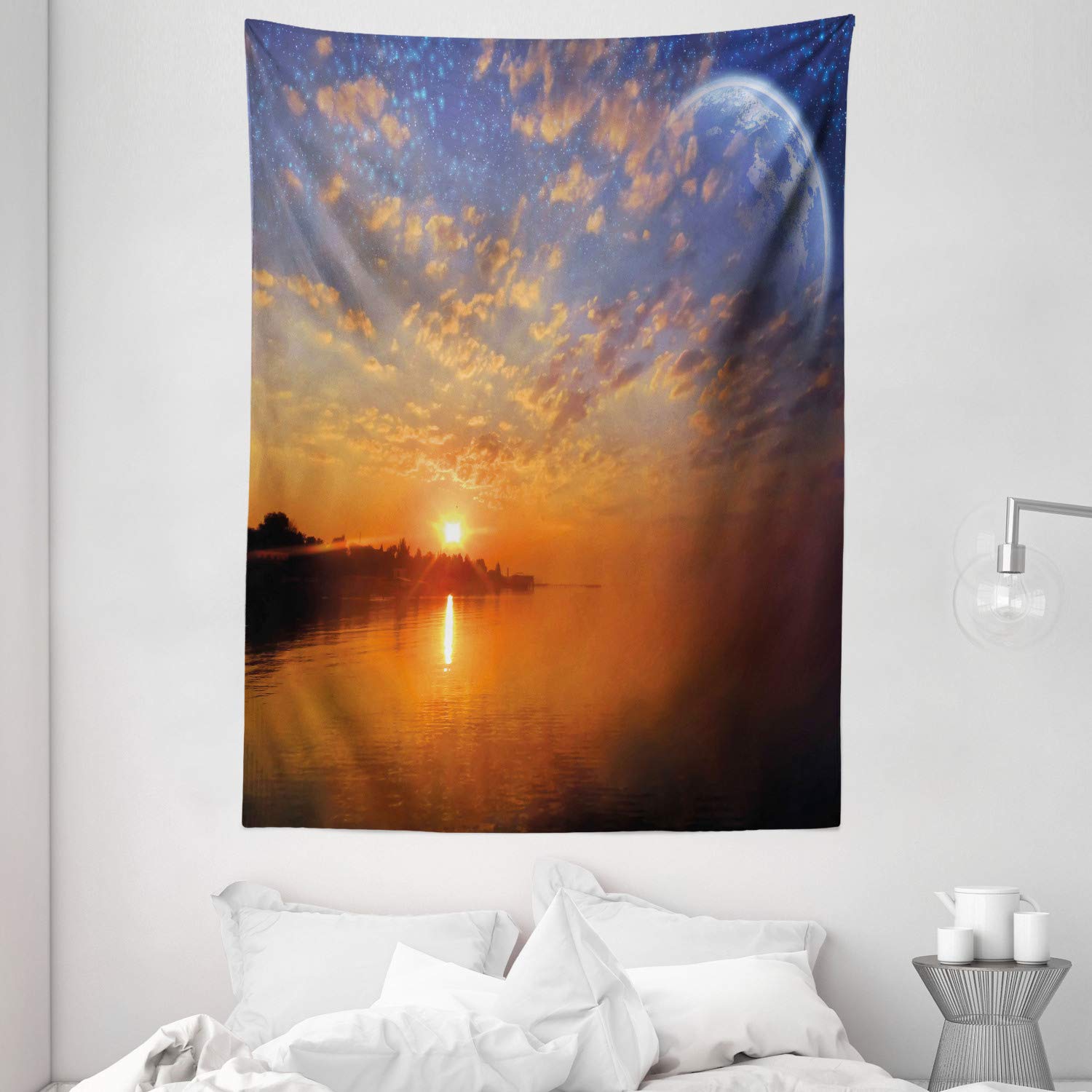 Ambesonne Space Tapestry Wall Hanging - Stunning Galaxy Design with Planet Reflection & Sunrise Skyline - 60x80 Inch Orange Blue Cosmic Decor for Bedroom, Living Room, Dorm - Perfect for Boho, Astronomy Lovers & Meditation Spaces