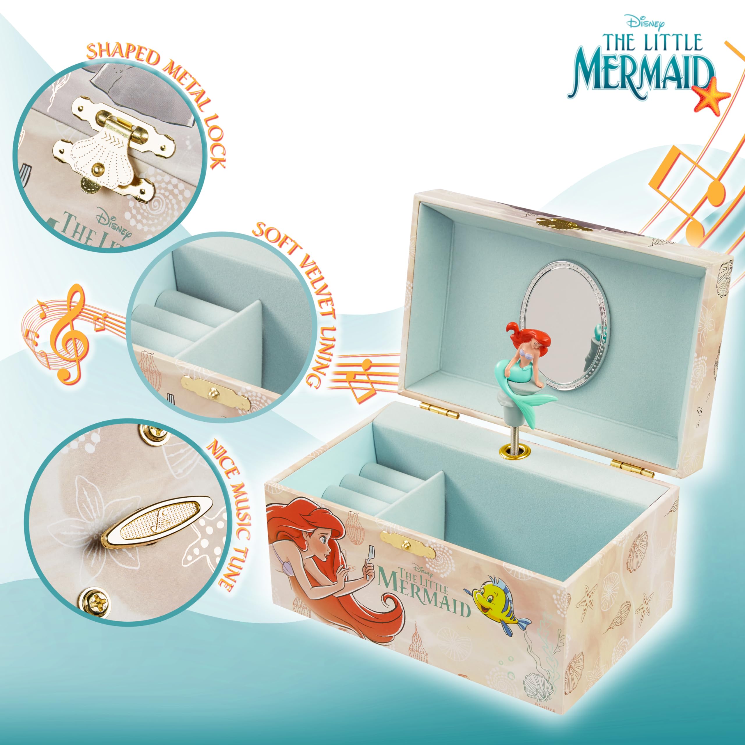 Disney Encanto Musical Jewelry Box for Girls - Princess Frozen Storage Box with Spinning Mirabel, The Little Mermaid Ariel & Elsa Music Box - Perfect Birthday Gift for Girls, Beige - Great for Bedroom Decor, Jewelry Organization & Disney Fan Collections