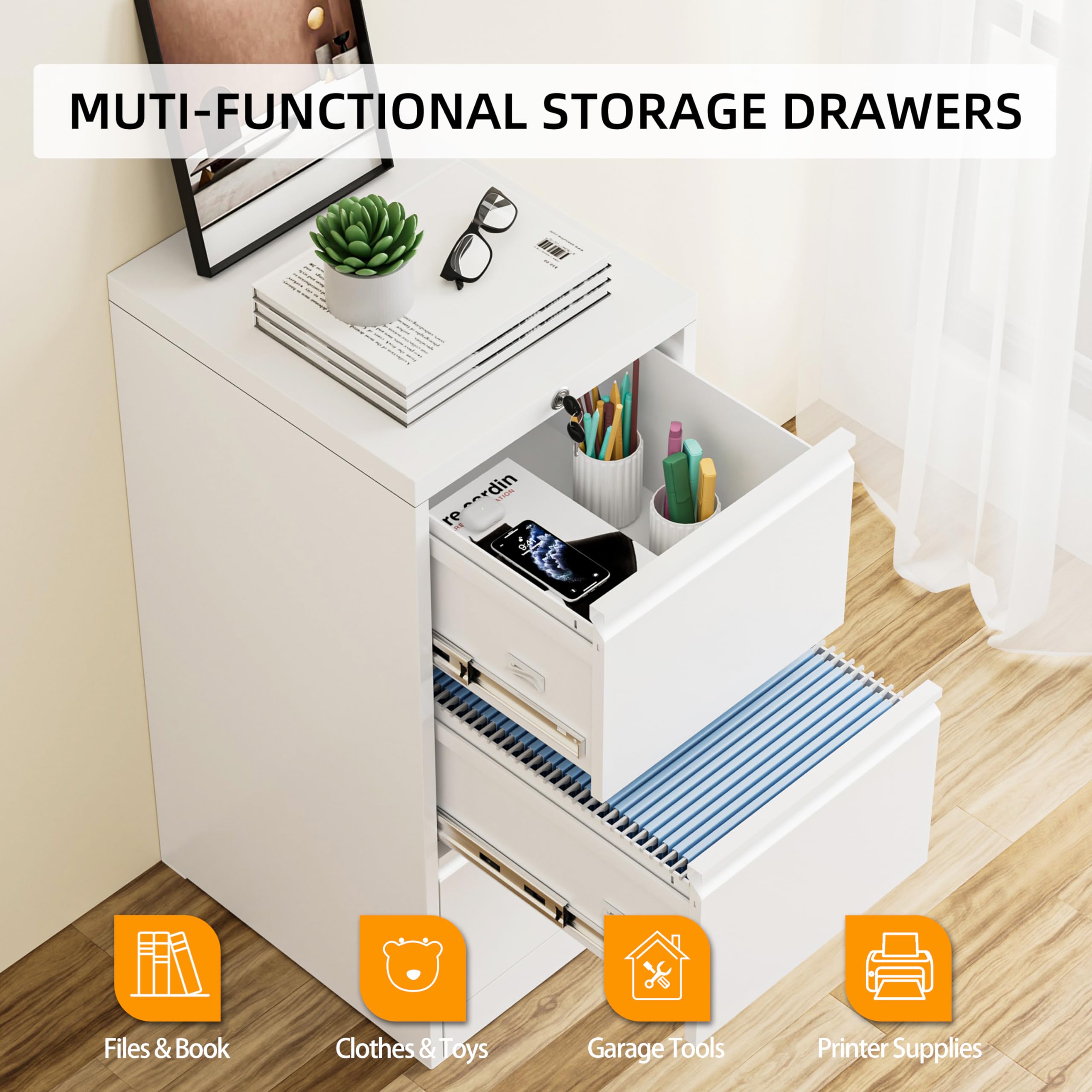 INTERGREAT Tall 3-Drawer File Cabinet - White Metal Locking Filing Cabinet with 4 Adjustable Hanging Frames | Secure Document Storage for Home Office & Business Use | Perfect for Organizing Files, Folders & Office Supplies