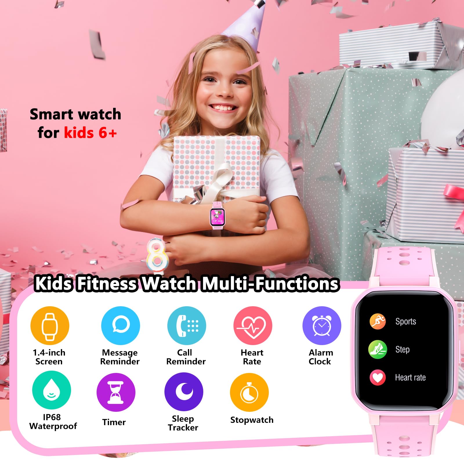 Smart Watch for Kids & Teens - Fitness Tracker with 19 Sport Modes, Pedometer, Sleep Monitor, Heart Rate Monitor | Waterproof Activity Tracker for Boys & Girls Ages 6-16 | Perfect Birthday Gift, Christmas Present (Pink) - Ideal for School, Sports, Outdoor Activities & Daily Health Tracking