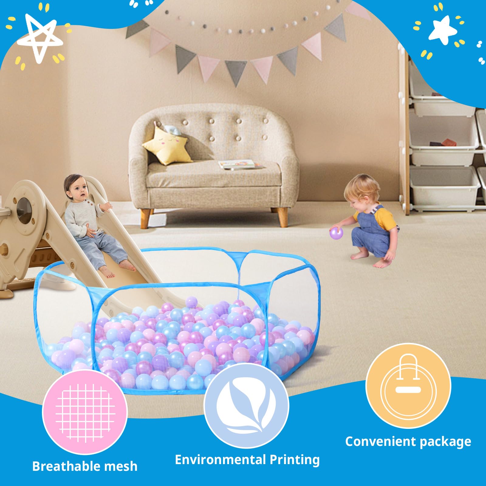 STARBOLO Kids Ball Pit Play Pool - Foldable Play Tent for Boys & Girls, Indoor Outdoor Toy Ball Pit with Carry Bag, Perfect for Birthday Parties, Daycare, Playroom & Backyard Fun (Blue)