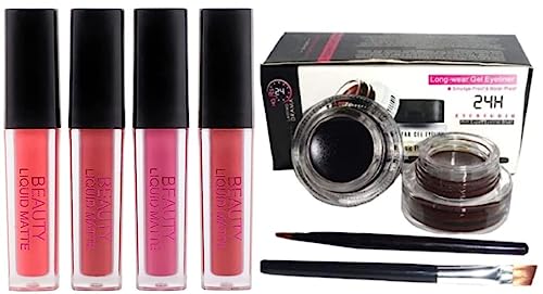 Ashavhuda Liquid Matte Minis Lipstick Set - Red Edition (6ml) with 2-in-1 Gel Eyeliner & Applicator Brushes - 7-Piece Makeup Kit for Party, Date Night & Special Occasions