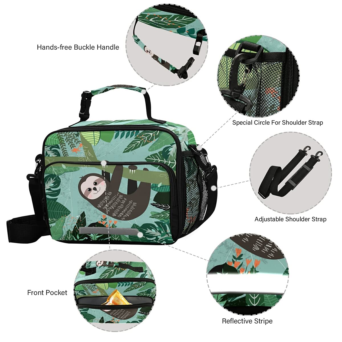 Insulated Sloth & Tropical Leaves Lunch Box for Kids - Adjustable Shoulder Strap, Leak-Proof School Lunch Bag for Boys & Girls - Perfect for School, Picnics & Outdoor Adventures