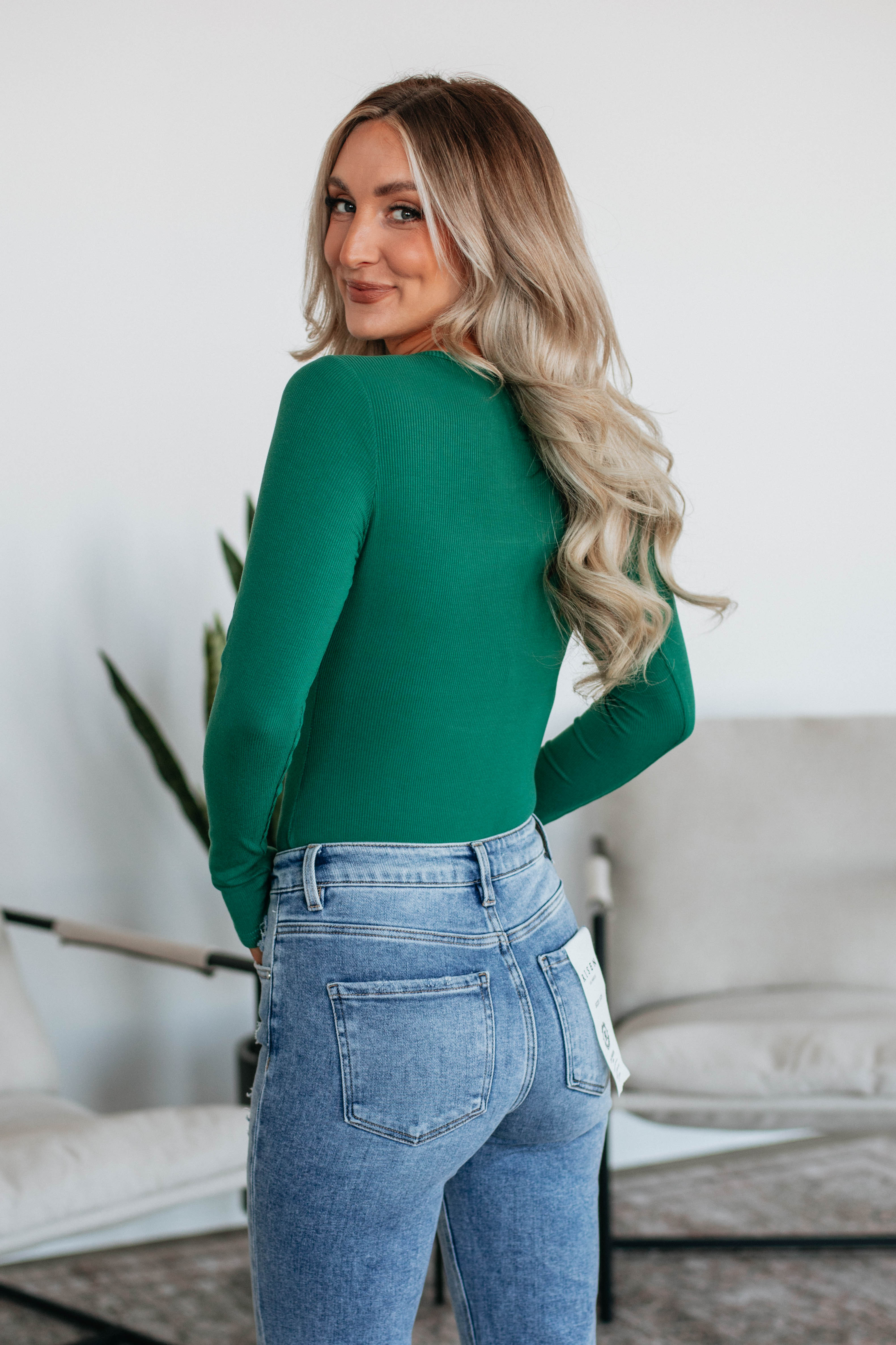 Isla Ribbed Bodysuit for Women - Pine Green Stretchy T-Shirt Bodysuit - Perfect for Layering, Casual Outfits & Everyday Wear
