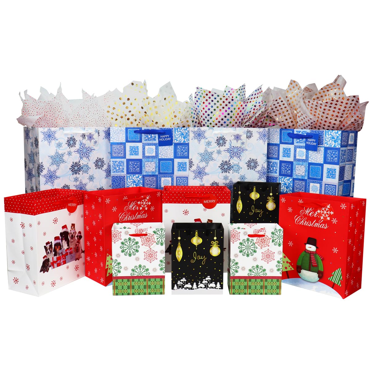 Christmas Gift Bags Set with Greeting Cards - 12 Pack (4 XL, 4 Medium, 4 Small Bags + 12 Cards & Envelopes) - Holiday Party Favors, Xmas Present Wrapping, Office Gift Exchange, Secret Santa Supplies