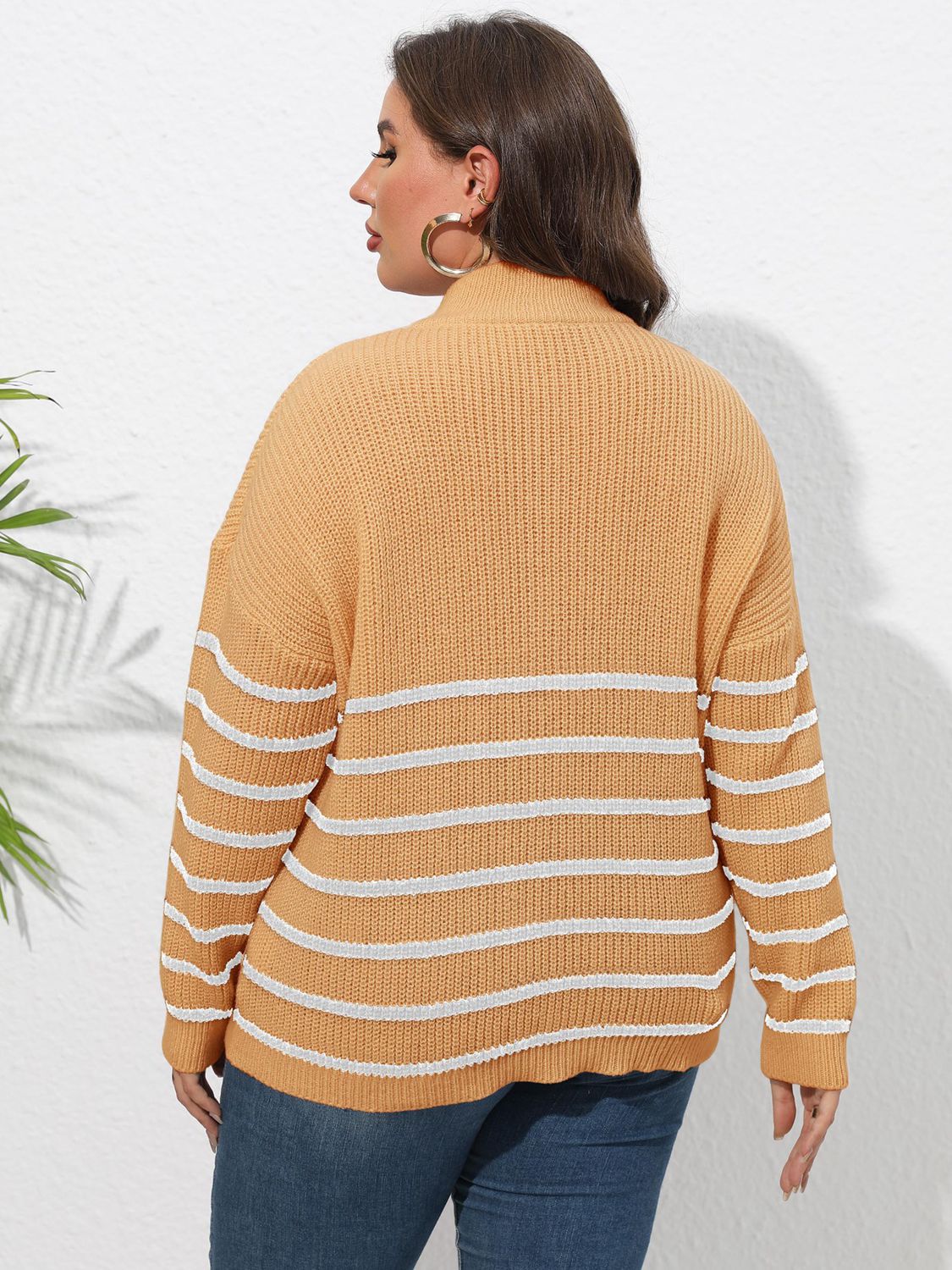 Plus Size Striped Zip Up Sweater for Women - Cozy & Stylish Pullover for Casual Outings, Work & Fall Fashion