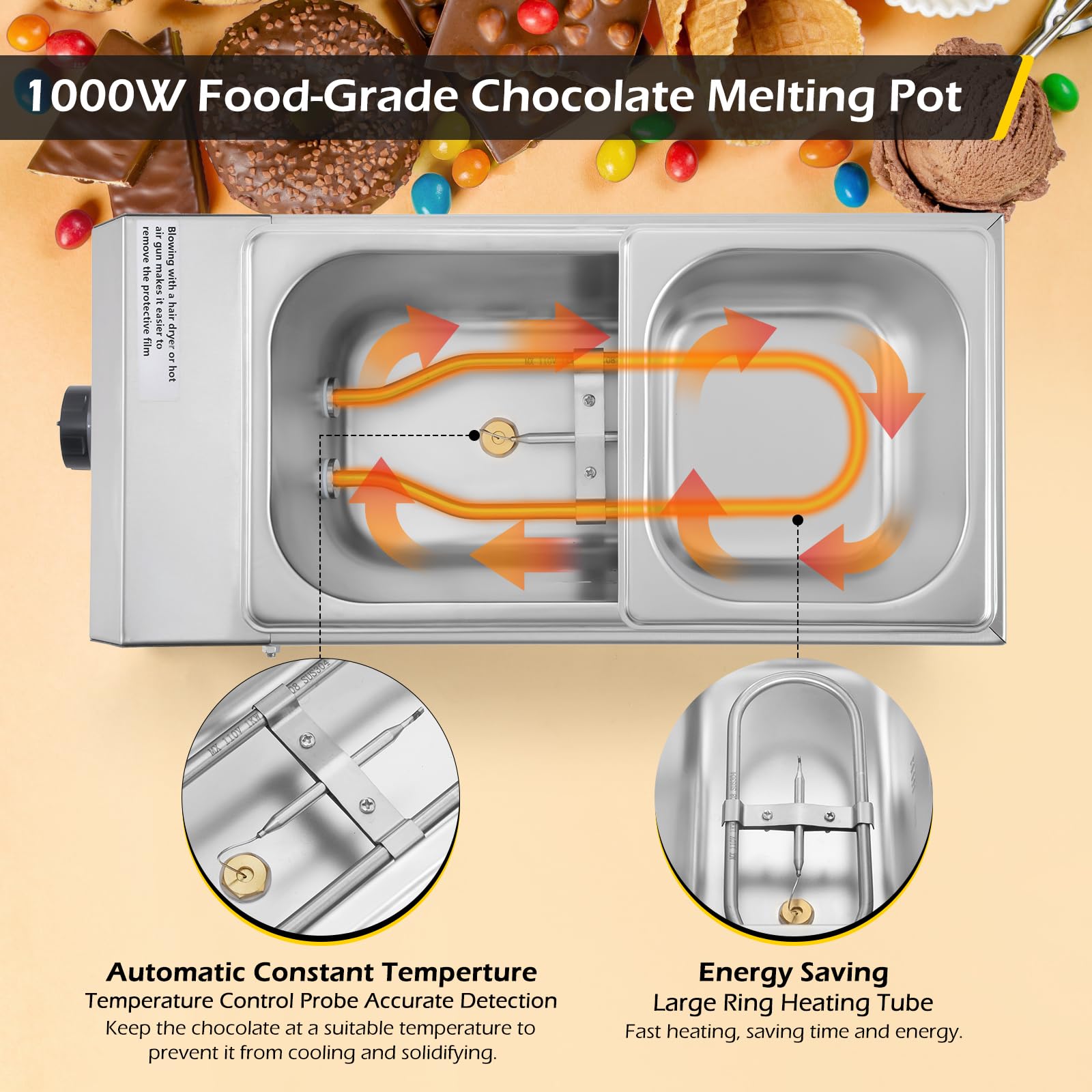 Dyna-Living 2-Tank Commercial Chocolate Melting Pot - 1000W Electric Chocolate Tempering Machine & Warmer for Milk, Coffee, Cheese - Perfect for Bakeries, Candy Shops & Home Chocolate Making