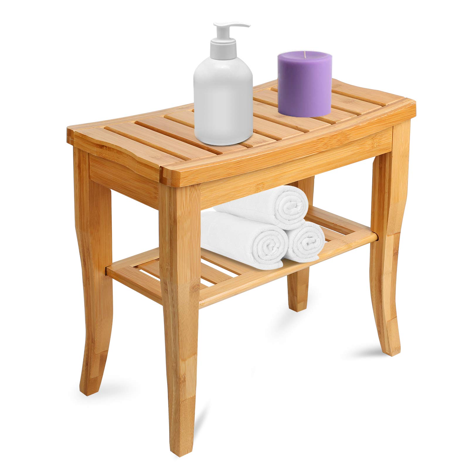 Olebes Bamboo Shower Bench Stool with Storage Shelf - Waterproof Wooden Spa Bath Seat for Indoor & Outdoor Use - Non-Slip Bathroom Bench Chair (18.5