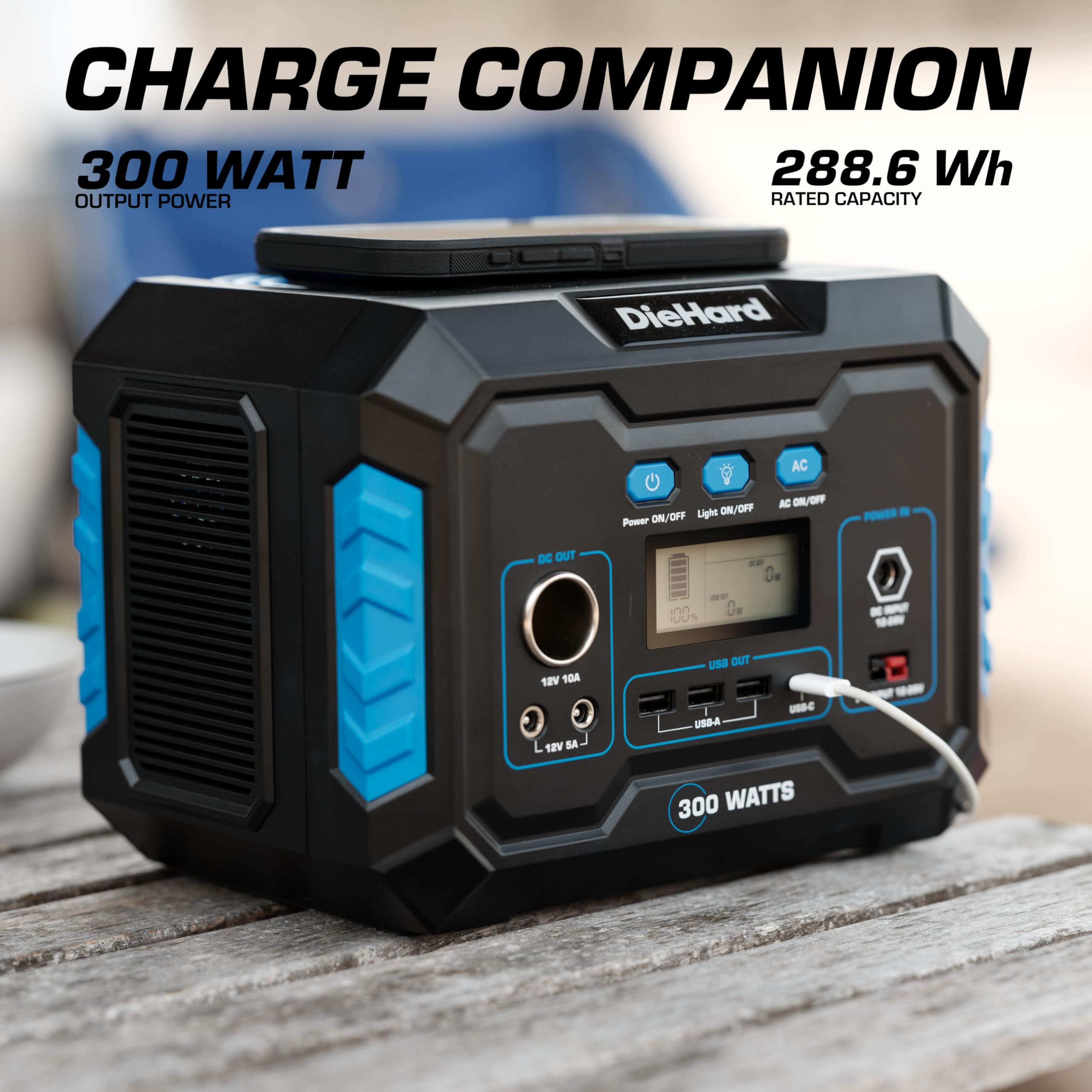 DieHard 300W Portable Power Station (600W Peak) 288.6Wh Solar Generator - Home Backup, Emergency Power Supply, Outdoor Camping, RV Trips & Jobsite Use - Optional Solar Panel Compatible for Off-Grid Power