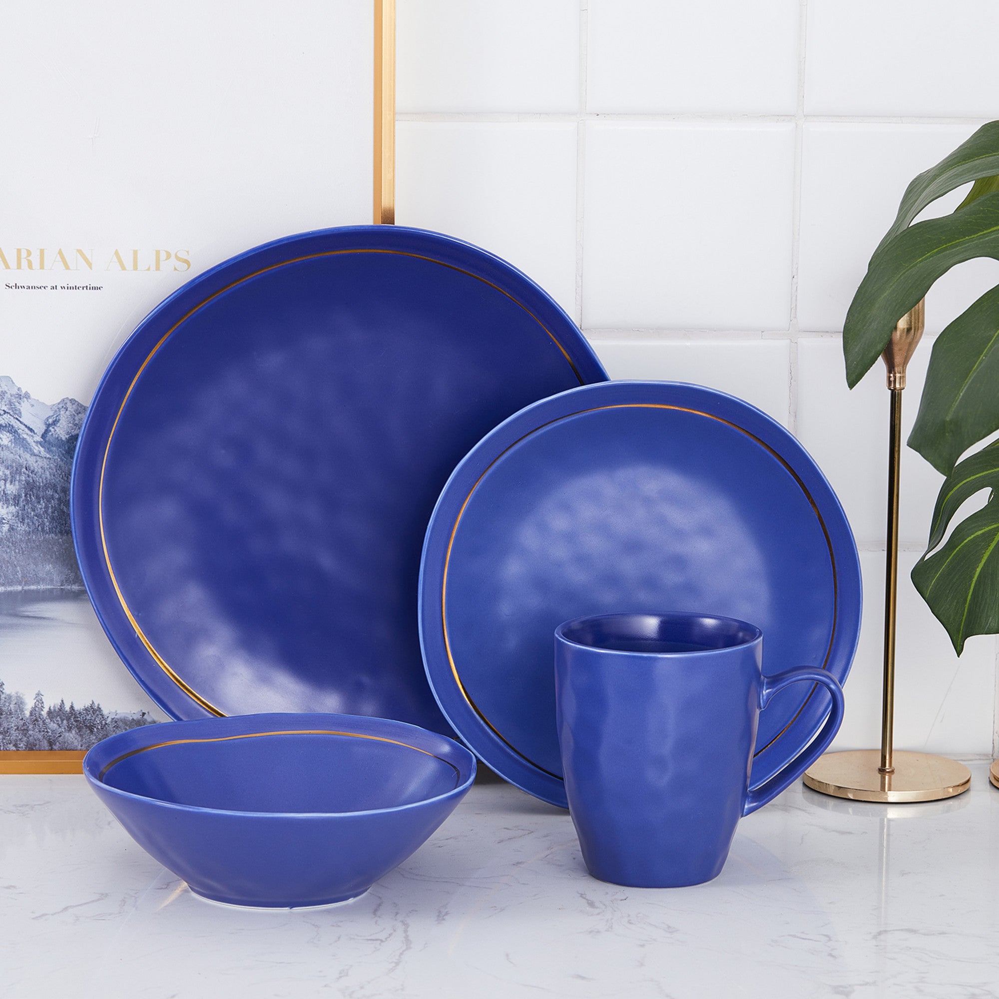 Premium Clara Porcelain Dinnerware Set - Elegant Blue 16-Piece Dinner Plate Set for Formal Dining, Entertaining & Special Occasions