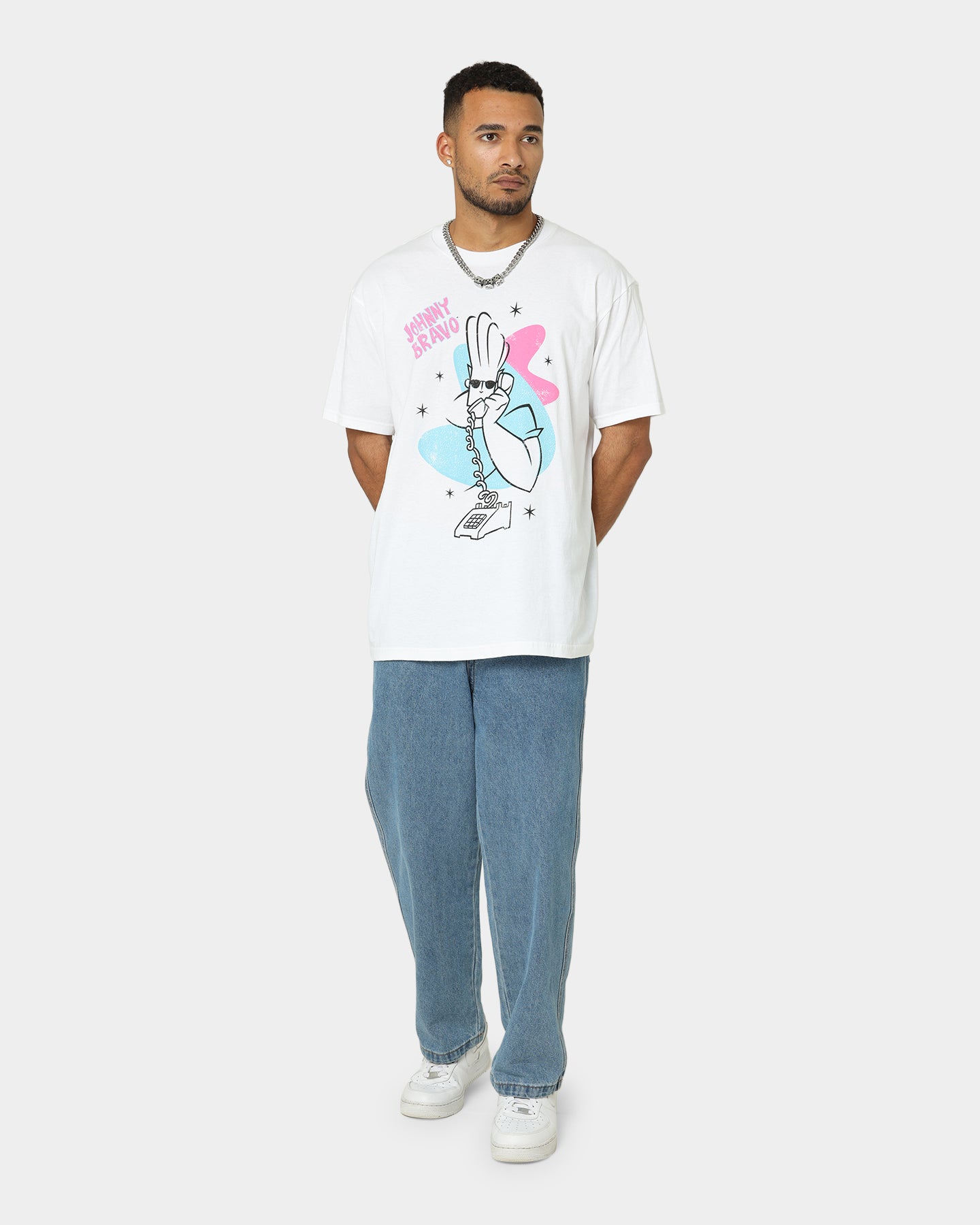 Johnny Bravo Dial A Hunk Graphic T-Shirt - White Cotton Vintage Tee for Men - Perfect for Casual Wear, Cosplay & 90s Cartoon Fan Gifts