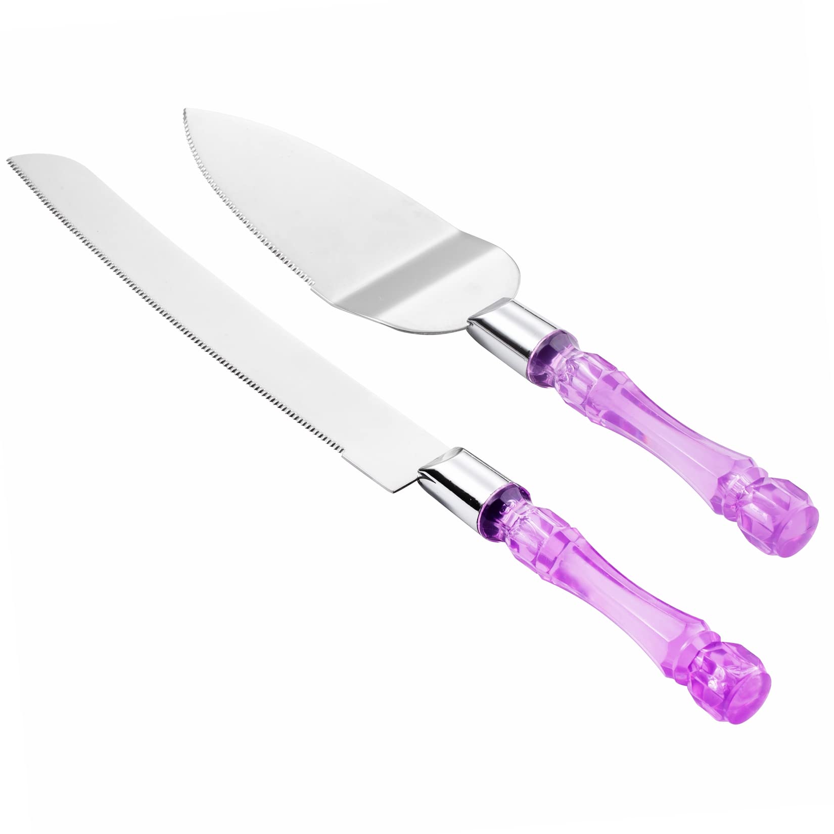 Premium Acrylic Crystal Handle Cake Knife and Server Set - Elegant Cake Cutter & Pie Spatula for Wedding, Birthday, Party Desserts (Purple Silver) - Perfect for Cake Cutting Ceremonies, Buffet Serving & Special Occasions
