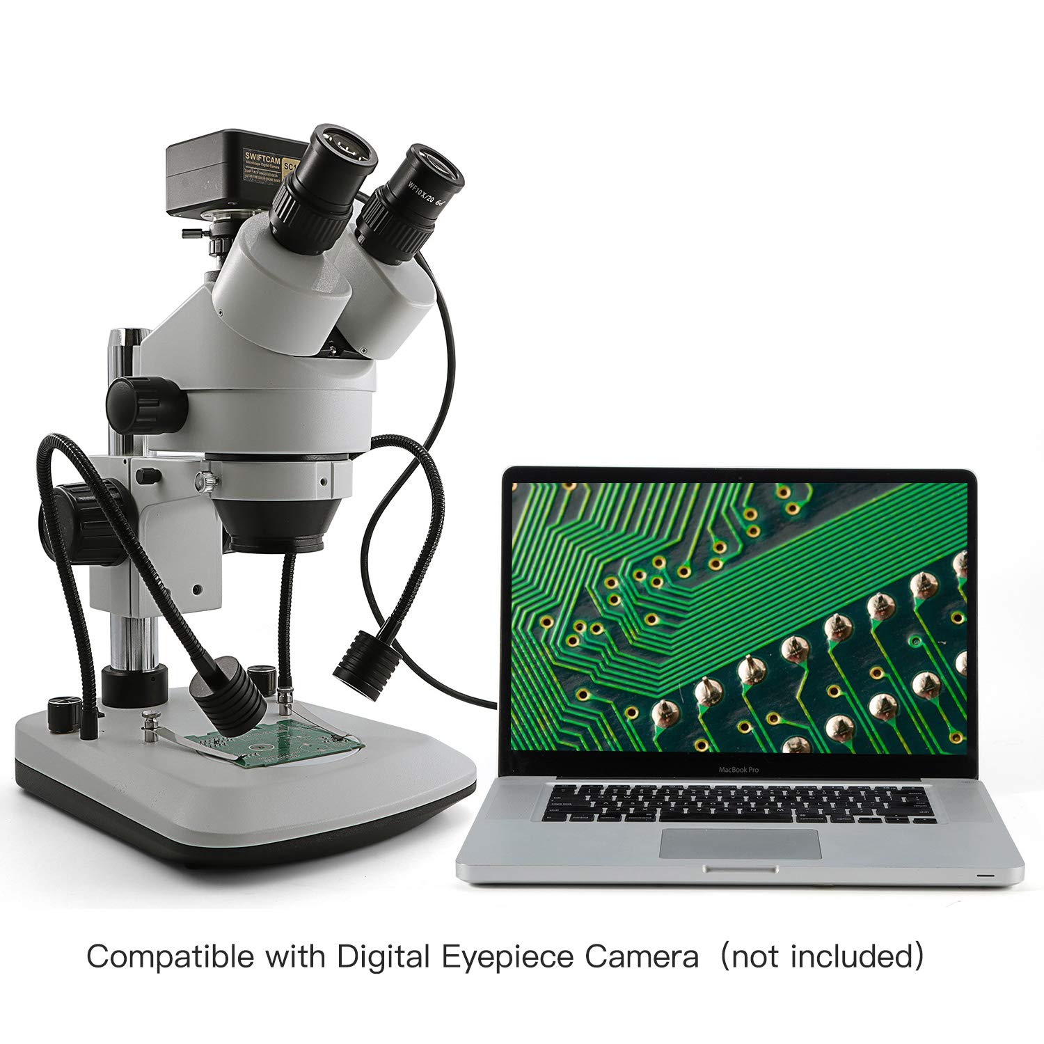 Swift S7-TGL-CA05 Trinocular Stereo Microscope with 7X-45X Zoom, WF10X Eyepieces, Gooseneck & Transmitted LED Lights - Perfect for Jewelry Appraisal, Coin Collecting, PCB Inspection, and Biological Research (110V, Pillar Stand)