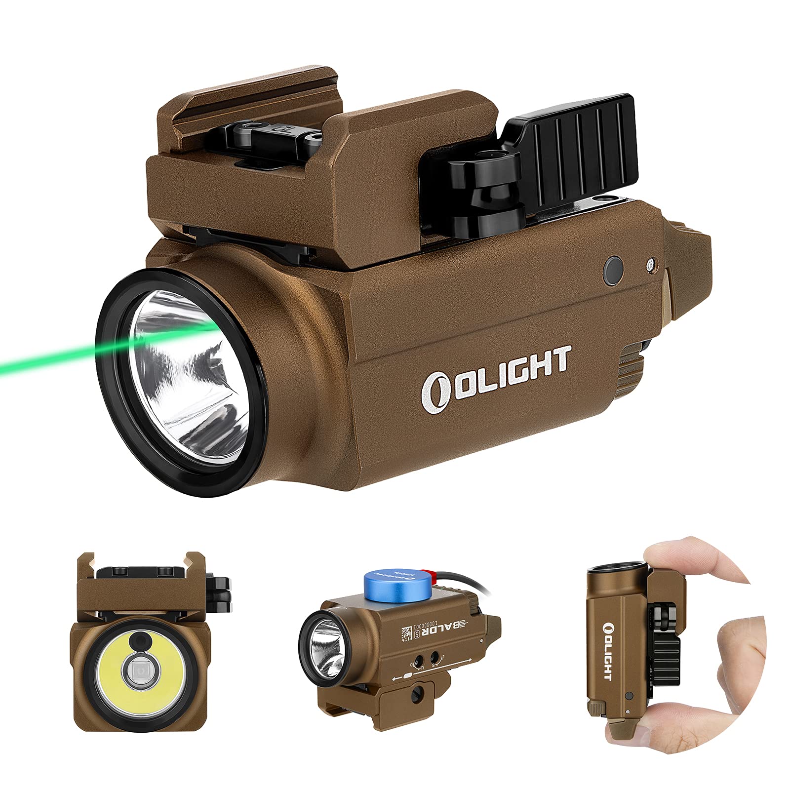 Olight Baldr S 800 Lumens Tactical Flashlight - Green Beam & White LED Combo, Magnetic USB Rechargeable Weapon Light for 1913/GL Rail - Compact Rail Mount for Pistols & Rifles (Desert Tan) - Perfect for Home Defense, Hunting & Tactical Operations