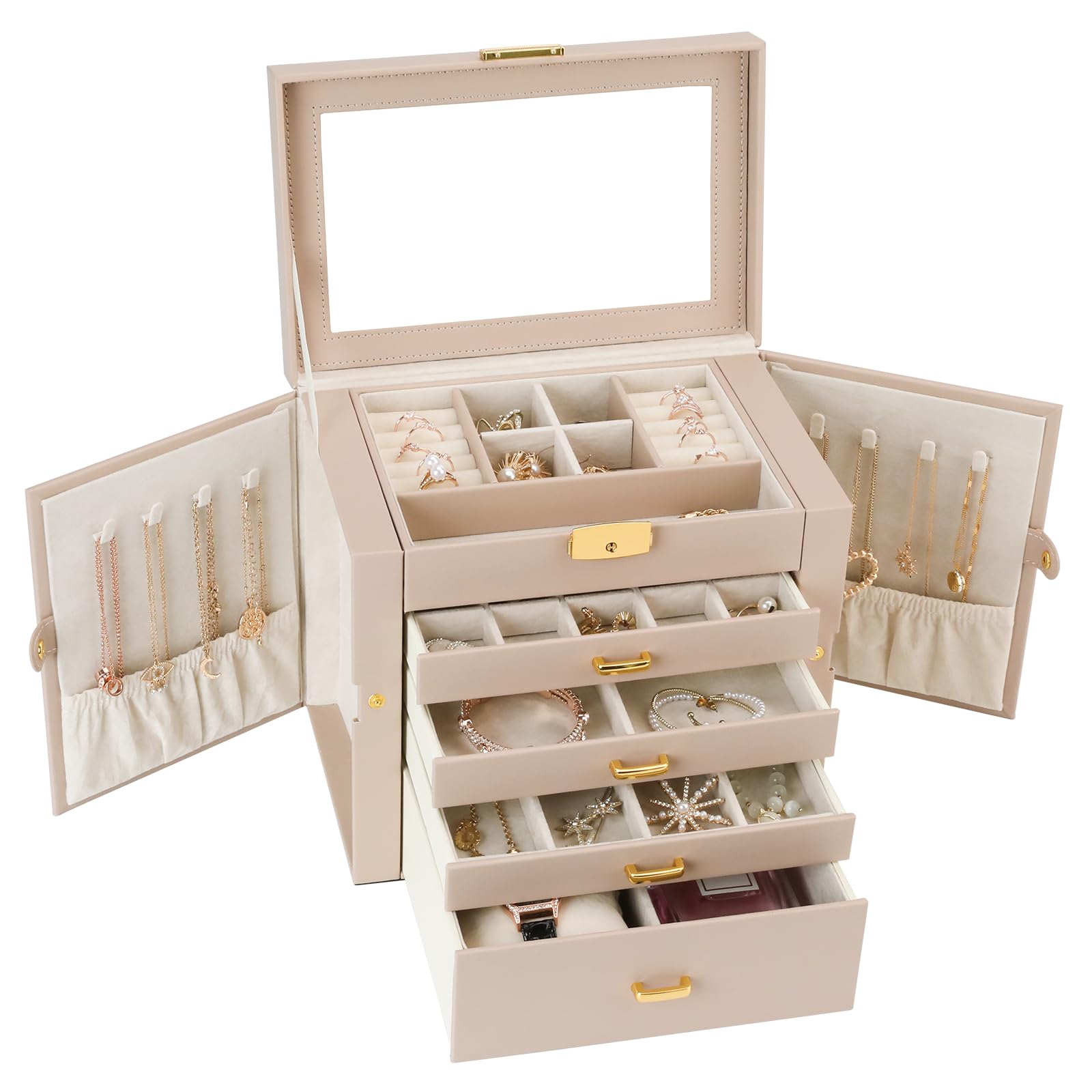 5-Layer Jewelry Organizer Box for Women - Large Jewelry Storage Case with Mirror, Perfect Jewelry Gift for Valentine's Day, Christmas, Birthday - Elegant Apricot Design for Dresser, Vanity & Travel Use