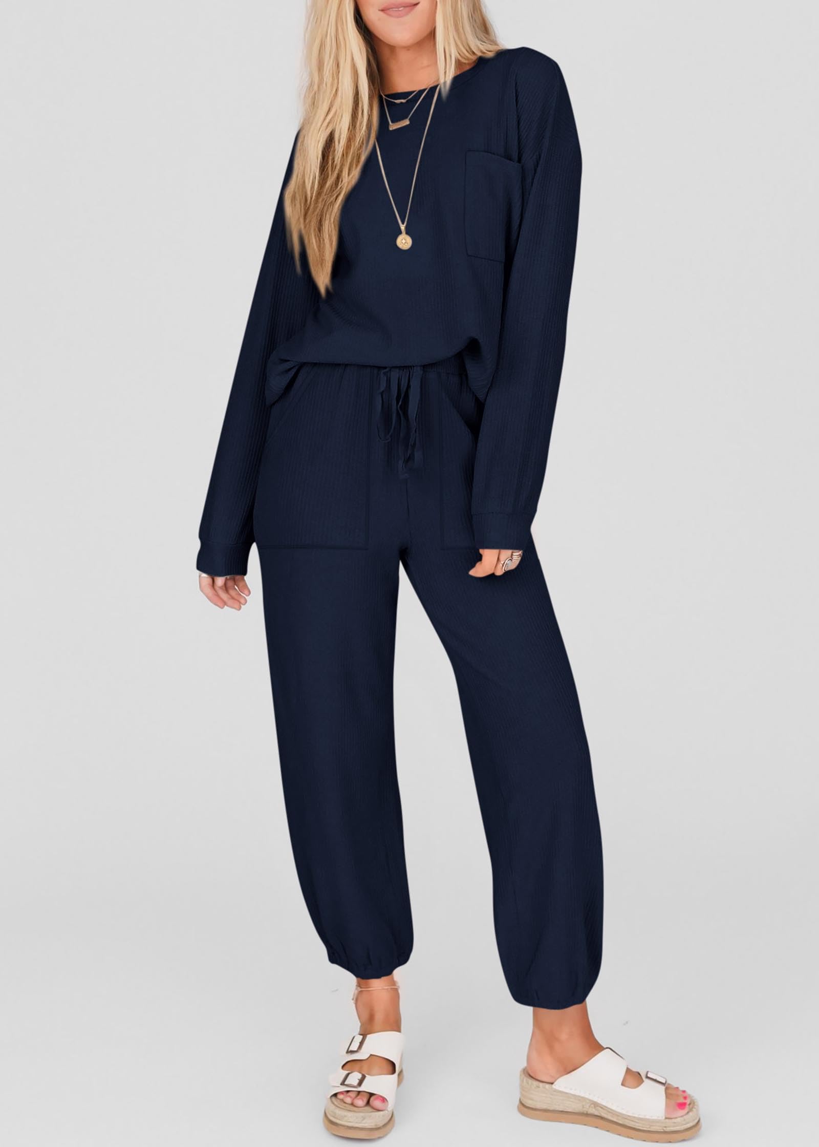 KIRUNDO Women's Lightweight Lounge Set - Comfy Travel & Airport Outfits with Drawstring Pants & Jogger Tops - Perfect for Postpartum, Yoga, and Relaxing at Home