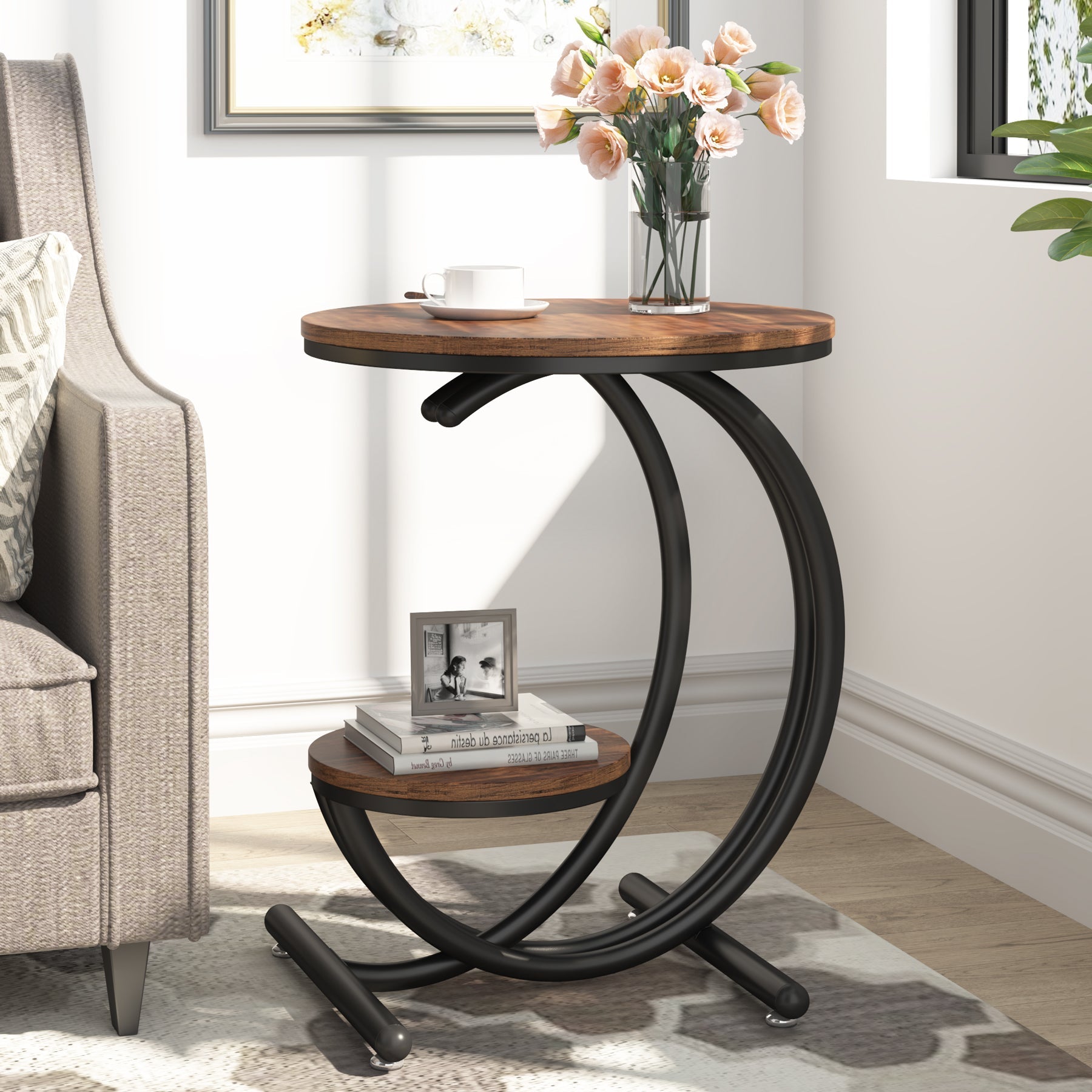 2 Tier End Table with C-Shaped Frame - Small Accent Side Table for Living Room, Bedroom, or Office - Modern Wooden Nightstand with Storage Shelf