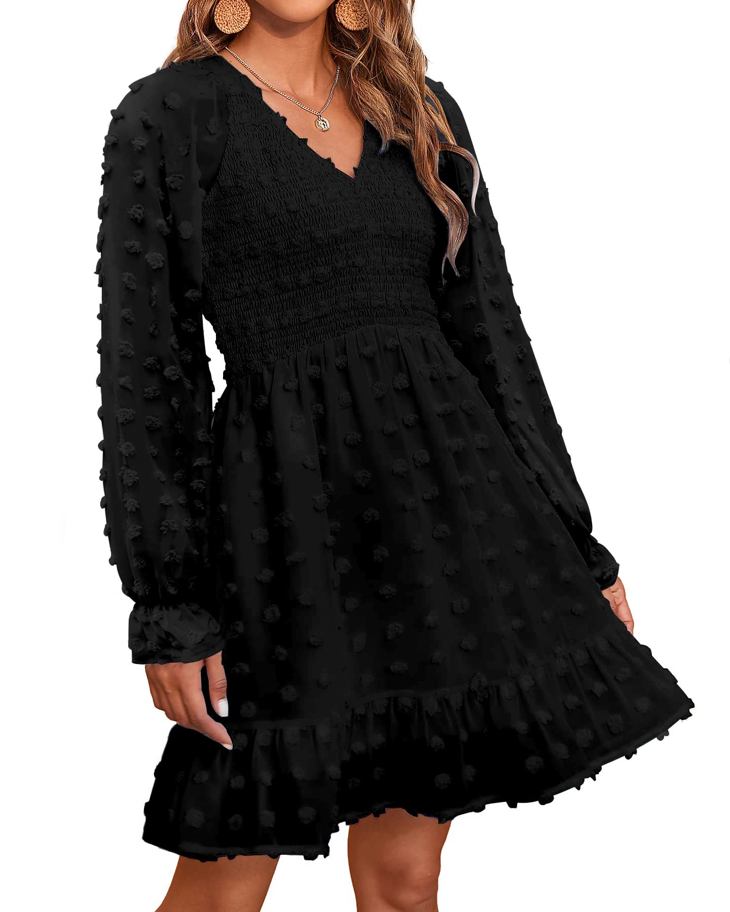 BTFBM Women's Smocked Short Dress - V Neck Long Sleeve Swiss Dot Ruffle Chiffon Flowy Mini Dress for Spring Summer 2025 | Casual Wear, Date Night, Beach Cover Up, Brunch Outfit