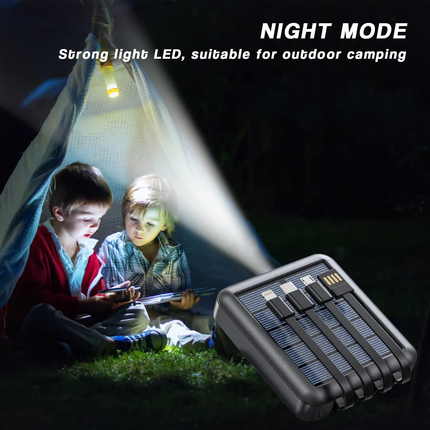 Lasuki 15000mAh Solar Power Bank - Portable Solar Charger with Built-in 4 Cables & USB-C Input/Output - Compact External Battery for iPhone, iPad, Tablet - Perfect for Camping, Hiking, and Outdoor Adventures