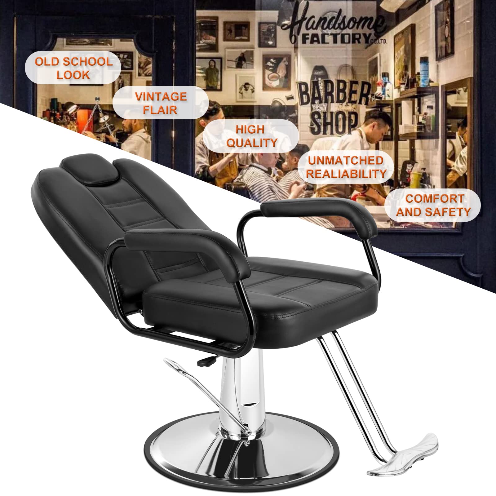 Premium Heavy Duty Hydraulic Barber Chair - Professional Salon Reclining Chair with Extra Wide Seat for Hair Styling, Shampoo & Spa Treatments | Durable Beauty Salon Equipment (Black) | Perfect for Upscale Barbershops, Hair Salons & Beauty Spas