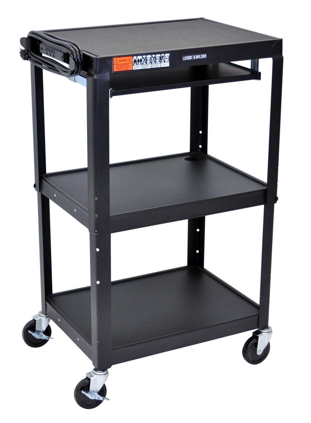 Luxor Adjustable Height Black Metal AV Cart with Pullout Keyboard Tray - Perfect for Classrooms, Offices, and Home Entertainment Systems