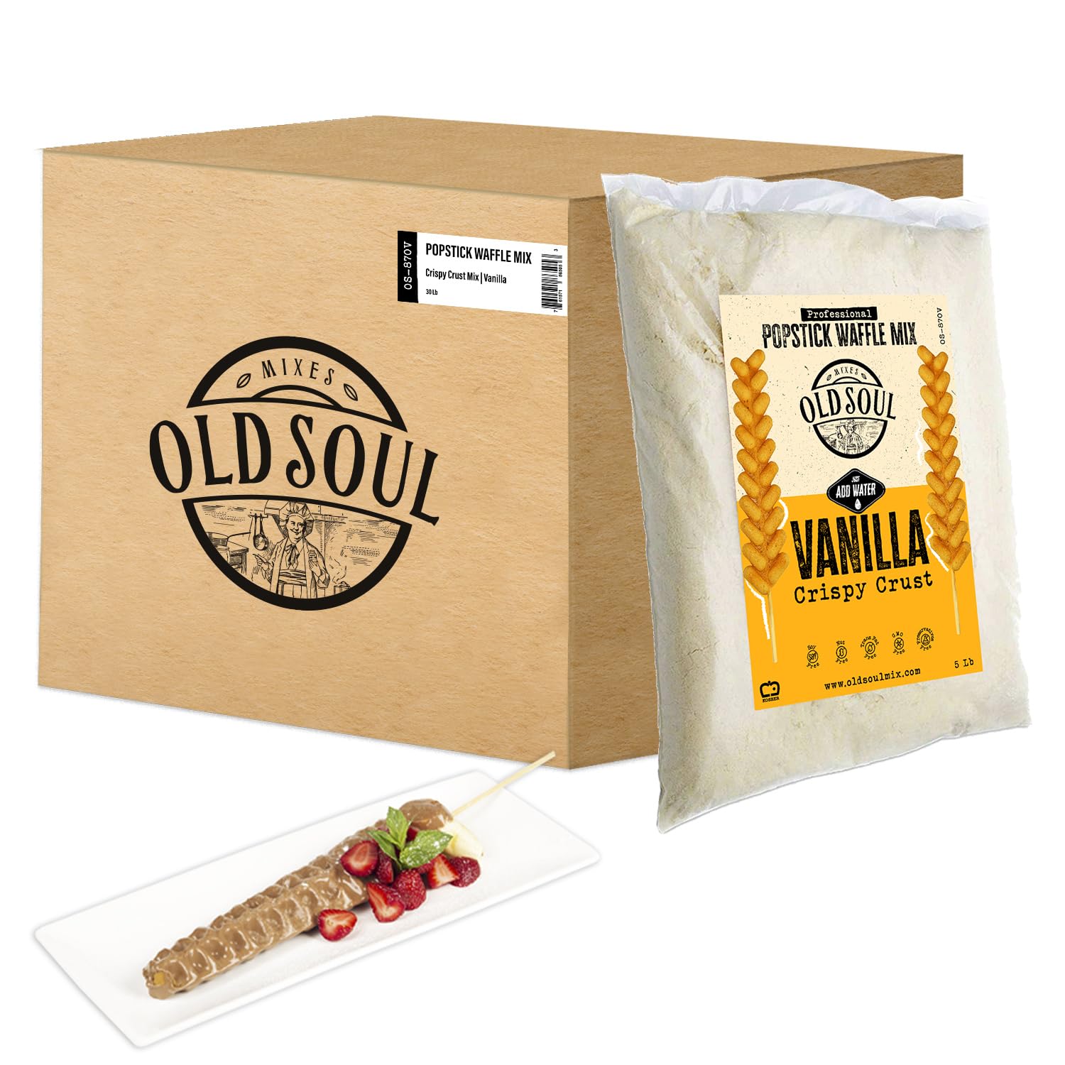 OldSoul Waffle Mix for Waffles on a Stick - Soy Free, Nut Free, Allergen Friendly Stick Waffle Dough - 30 lb Bulk Pack (Makes 672 Vanilla Waffles) - Perfect for Carnivals, Food Trucks & Birthday Parties