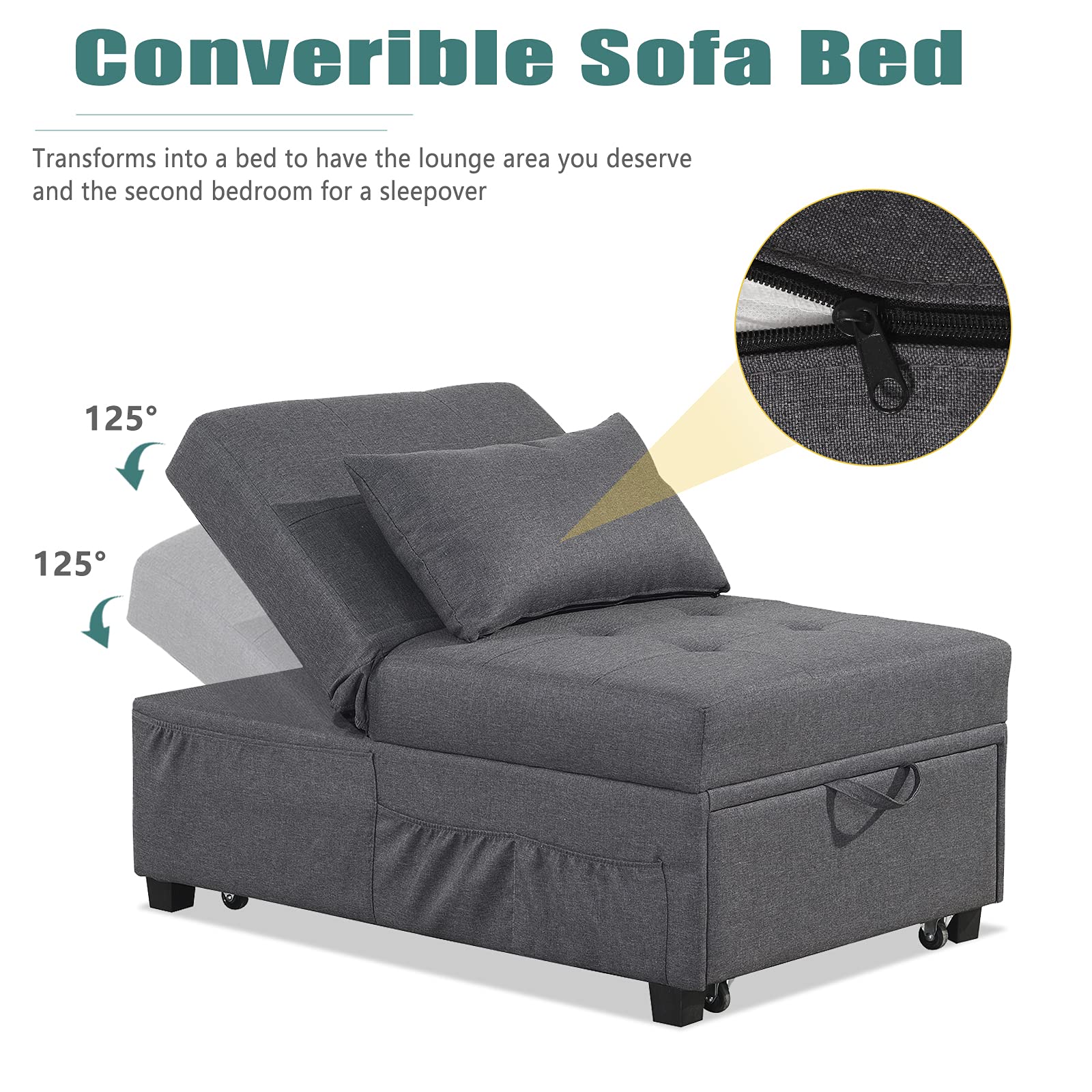2-in-1 Convertible Sleeper Chair Bed Set with Tufted Ottoman, Pillow & Side Pockets - Space Saving Armless Sofa Bed for Small Apartments, Guest Rooms & Home Offices