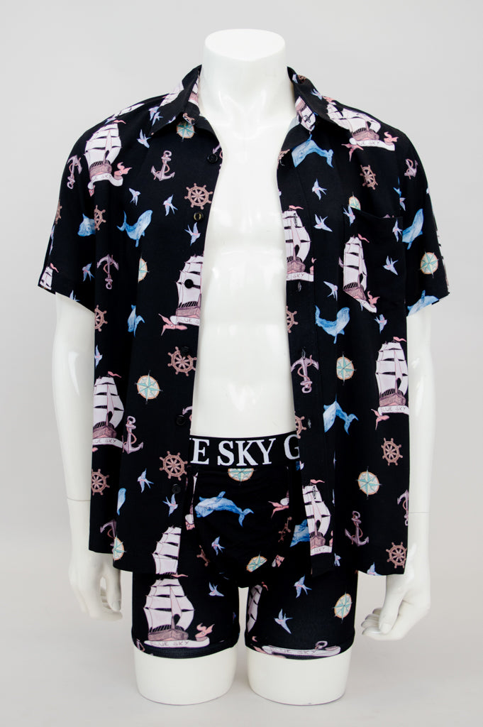 Dino Shirt for Men - Stylish Sailor Design Woven Bamboo Fabric - Perfect for Casual Wear & Summer Outfits